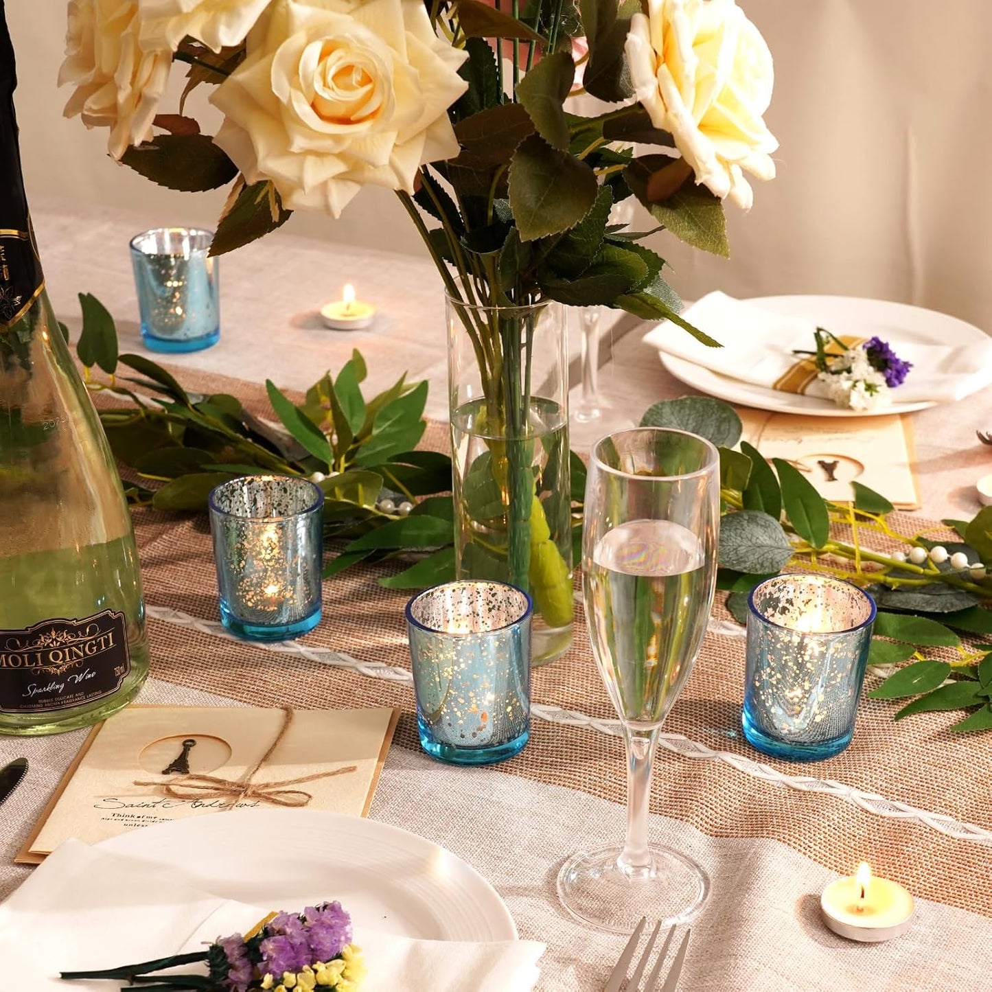 Homemory 24 Pcs Blue Votive Candle Holders, Mercury Glass Candle Holder, Tealight Candle Holders for Table Centerpieces, Baby Shower, Party, Anniversary, Wedding, Home Decor, Halloween, Christmas