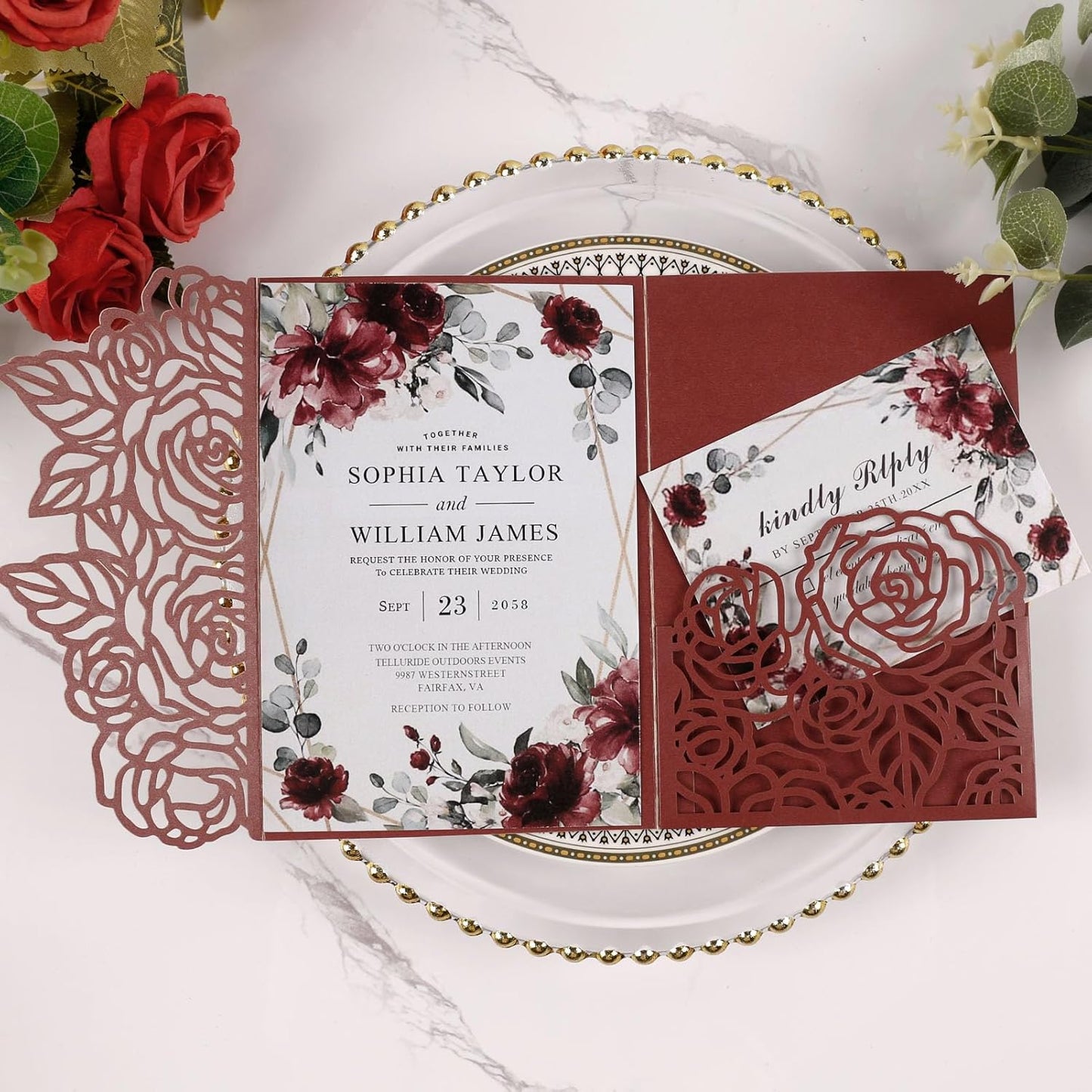 50pcs Tri Fold Wedding invitations Rose Hollow Laser Cut 5x7 '' Wedding Invitation Cards with Envelopes and RSVP Cards for Wedding Engagement Bridal Shower Quinceanera Party Invite Burgundy