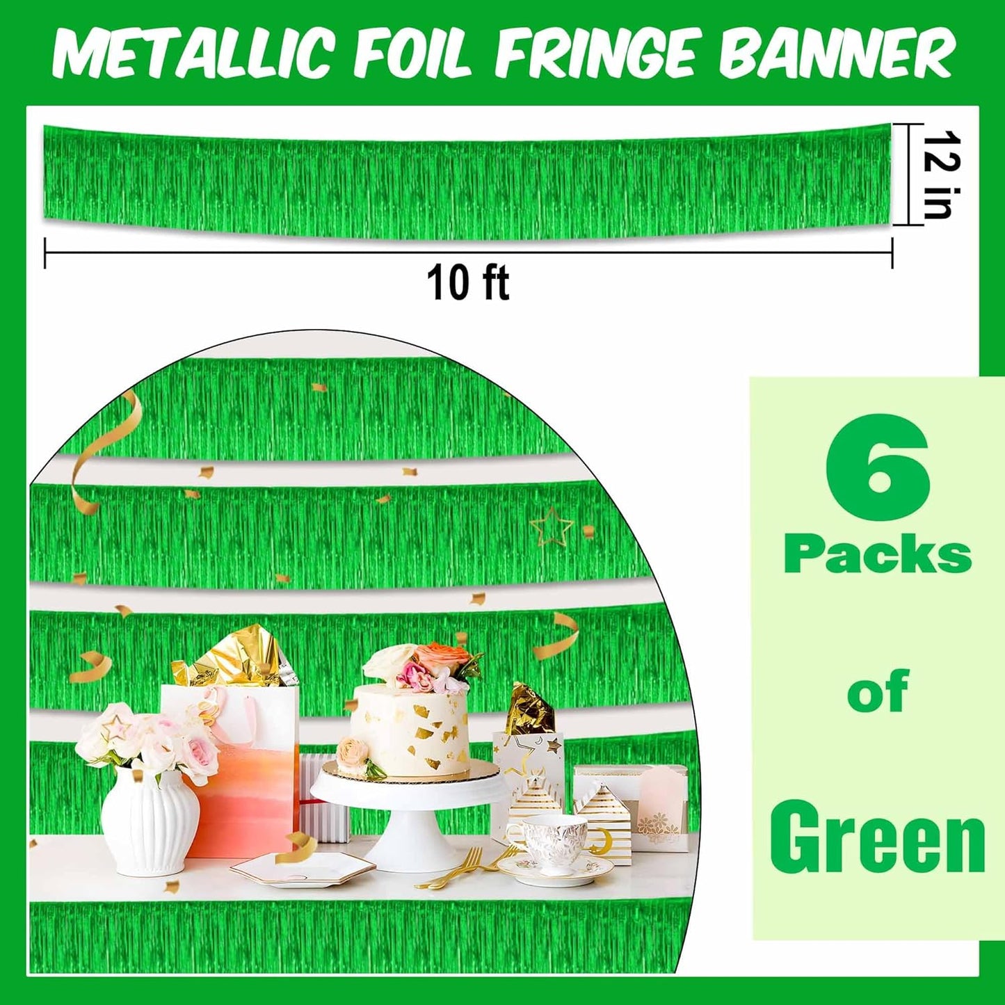 6 Pack 10 Ft Green Foil Fringe Garland Metallic Streamers Tinsel Banner Wall Hanging Garland Backdrop for Parade Floats, Halloween, Christmas, Thanksgiving, New Year Party Decorations