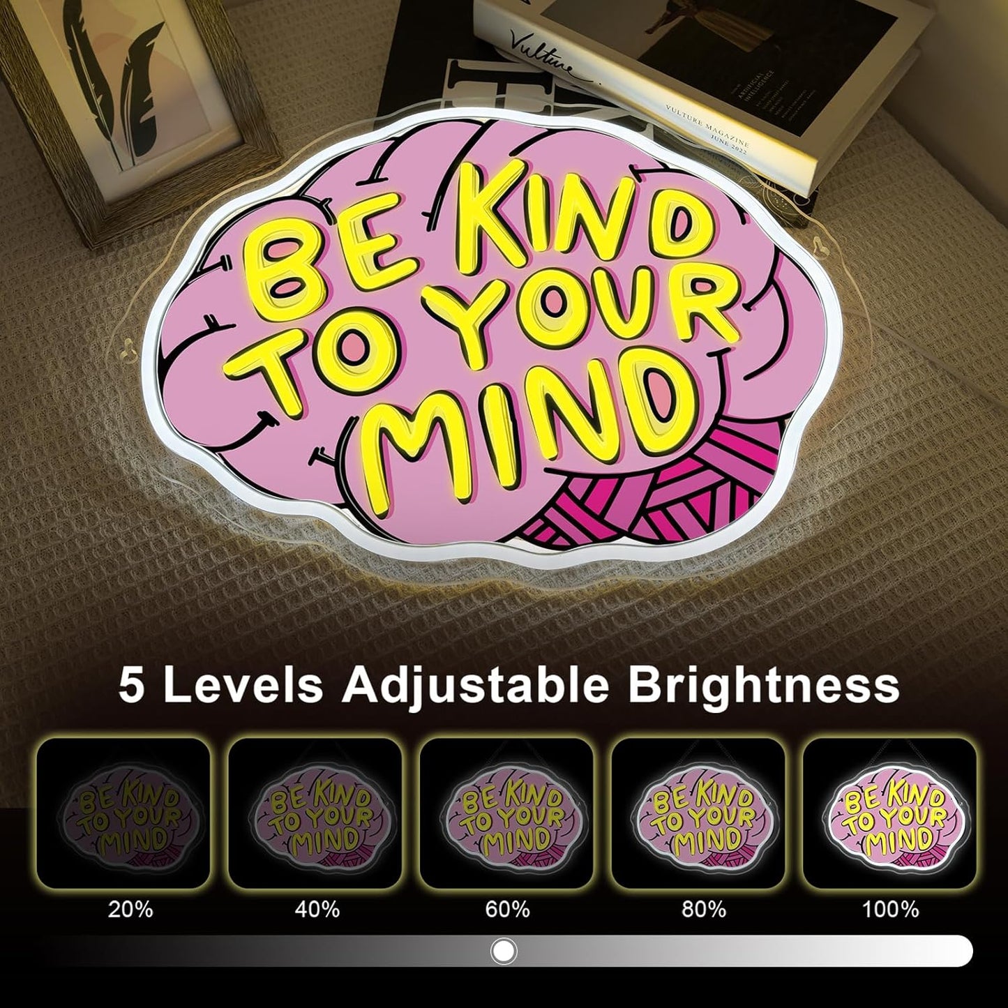 Lucunstar Be Kind To Your Mind Neon Sign Brain Neon Signs Dimmable Led For Wall Decor Be kind Lights For Classroom Home Bedroom Office USB Powered 16.06x12.09in