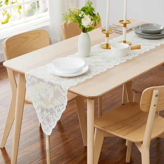 LinenZone Ivory Table Runner with 2 Tassels for Rustic Vintage Decor. Lace Table Runner Works Great As Wedding, Thanksgiving, Christmas Decor (Mia 14 x 36, Ivory)
