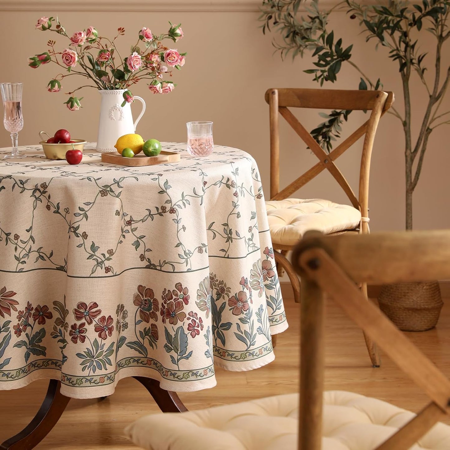 patdrea Designer Vintage Linen Round Table Cloth,Durable Breathable Floral Tablecloth,Dacorative Table Covers for Kitchen Dining Tea Party,Holiday,Christmas,Thanksgiving,Diameter 55"-Oliveirad