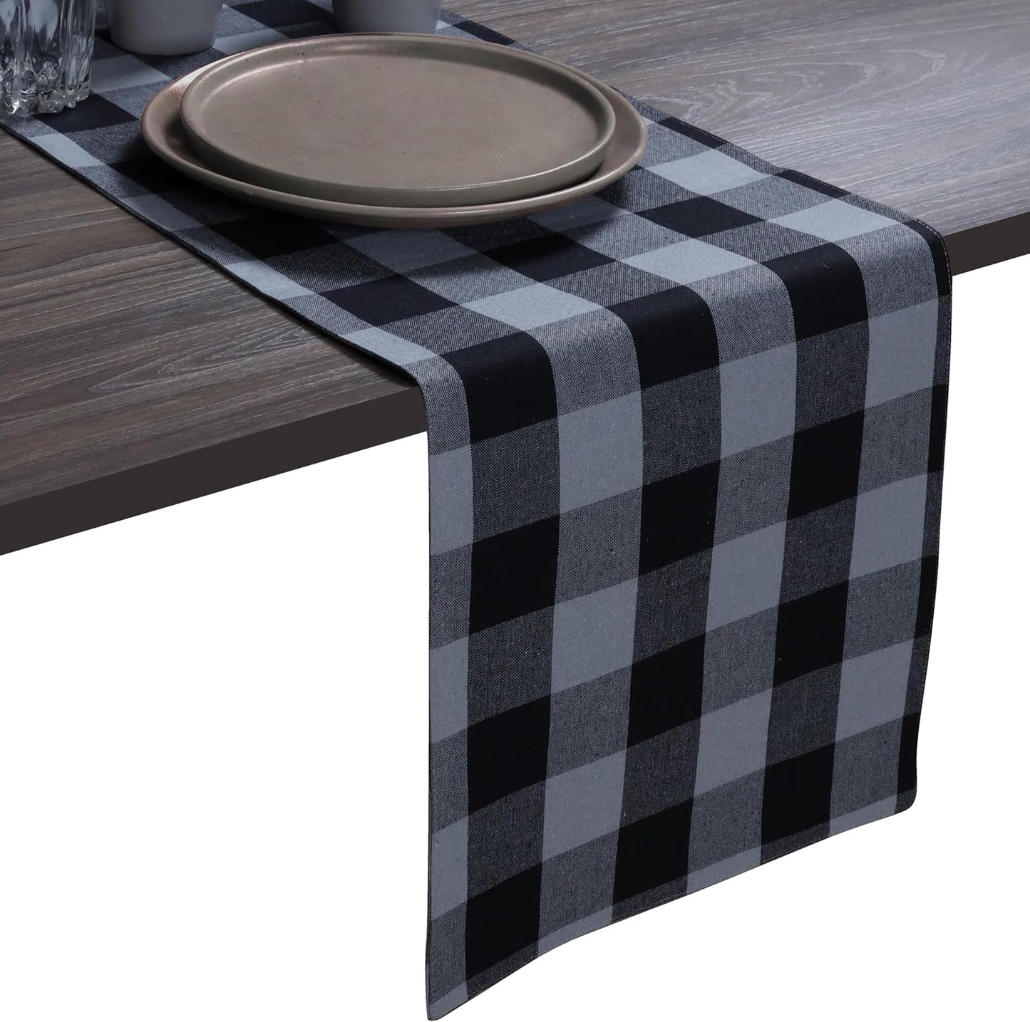 Native Fab Table Runner Buffalo Check Plaid 100% Cotton - 13x108 Inches Kitchen Dining Table Decoration for Indoor Outdoor Farmhouse Home Party Decor - Black, Grey