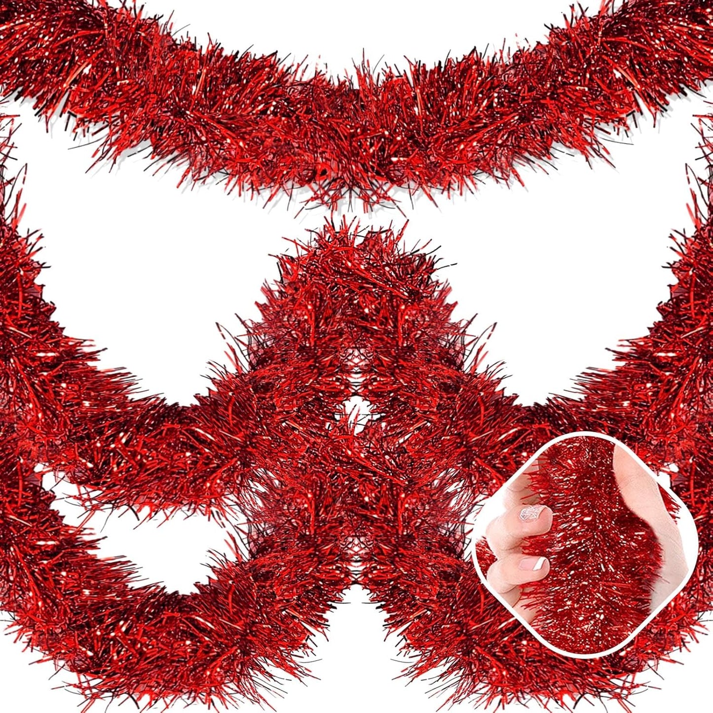 50 Feet Red Christmas Tinsel Garland, Metallic Foil Twist Garland Wall Hanging Tinsel Banner Backdrop for Parade Floats, Easter, Mother's Day, Wedding Party Decorations (2in x 50ft)