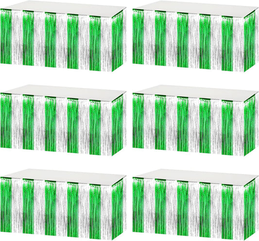 6 Pack 29x108 Inch Silver Green Metallic Foil Fringe Tinsel Table Skirts for Rectangle Tables Streamer Curtains Backdrop for Birthday, Parade Floats, Mardi Gras, St Patrick Day Party Decoration