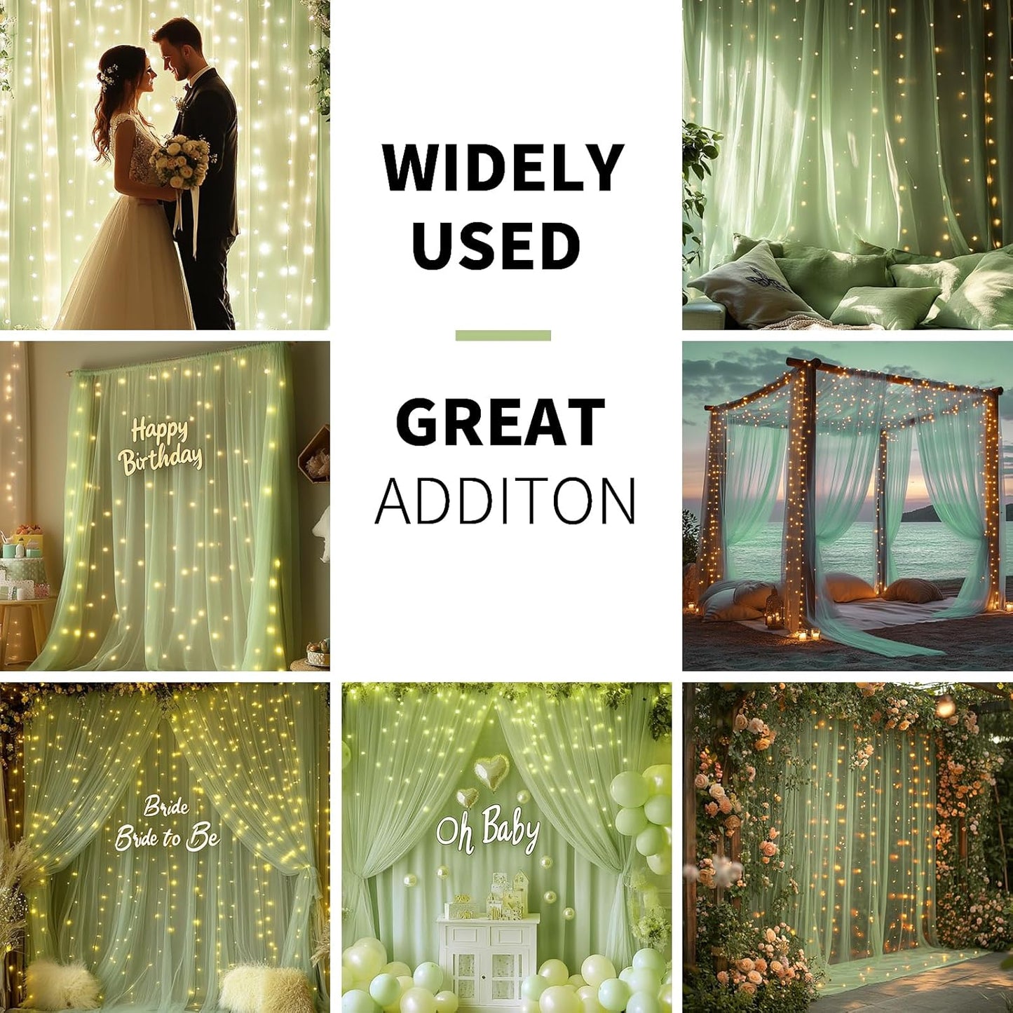 Sage Green Tulle Backdrop Curtain with Lights String - 10x8ft Sheer Backdrop with 250 LEDs for Wedding, Baby Shower, Bridal Shower, Birthday Party Photo Shoot Background and Home Decorations