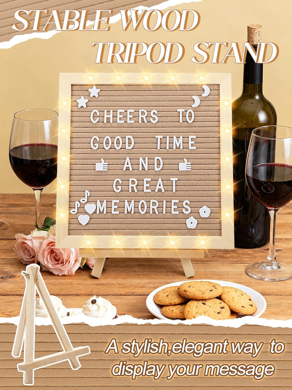 Light up Changeable Felt Letter Board Sign with LED Lights - 10×10" Message Board & Wood Stand & 450 Letters, for Halloween/Birthday/Event/Pregnancy/Baby Announcement/Home Wall Decor Gifts, Camel