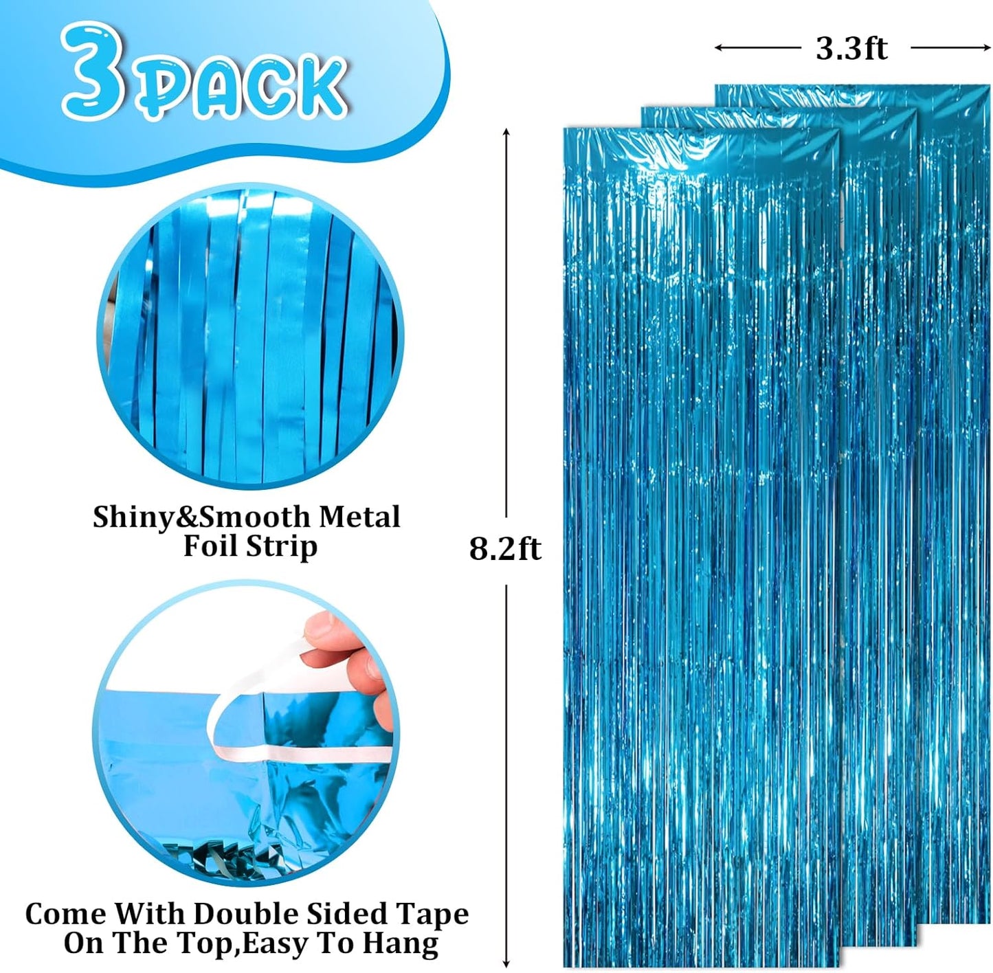 3 Pack 3.3 x 8.2 ft Retro Blue Foil Fringe Backdrop Curtains, Tinsel Streamers Party Decorations, Fringe Backdrop, Door Shimmer for Retro Theme Party