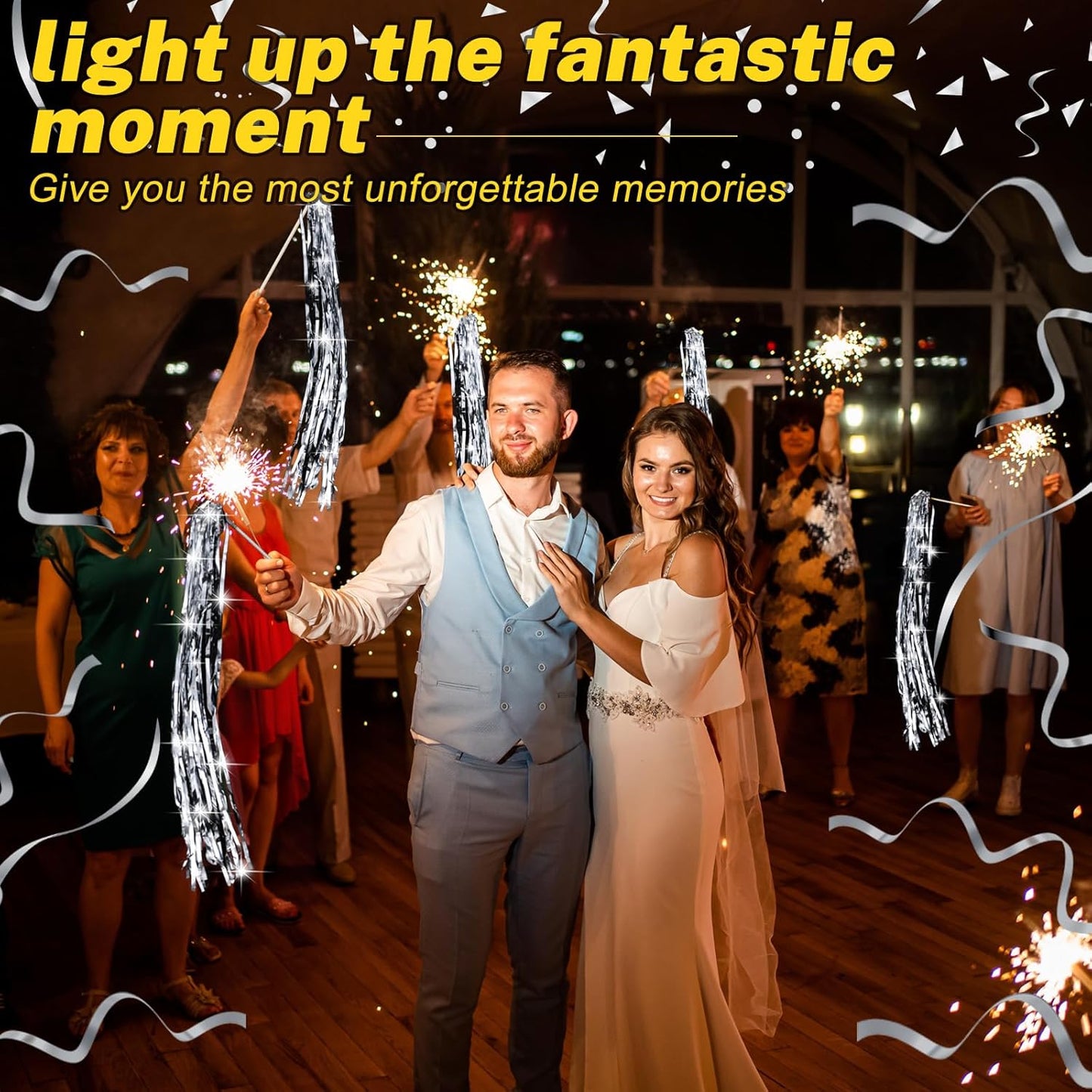 50 Pcs Wedding Fairy Wands with Bells Foil Tinsel Ribbon Stick Wands Tinsel Party Streamers with Bell Glittery Bridal Wedding Send Off Ideas Holiday Celebration (Silver)