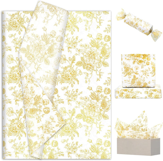 JarThenaAMCS 100 Sheets Floral Tissue Paper Gold Flower Gift Wrapping Paper Vintage Decorative Art Paper for Home Party DIY Crafts Supplies, 14 x 20 Inch
