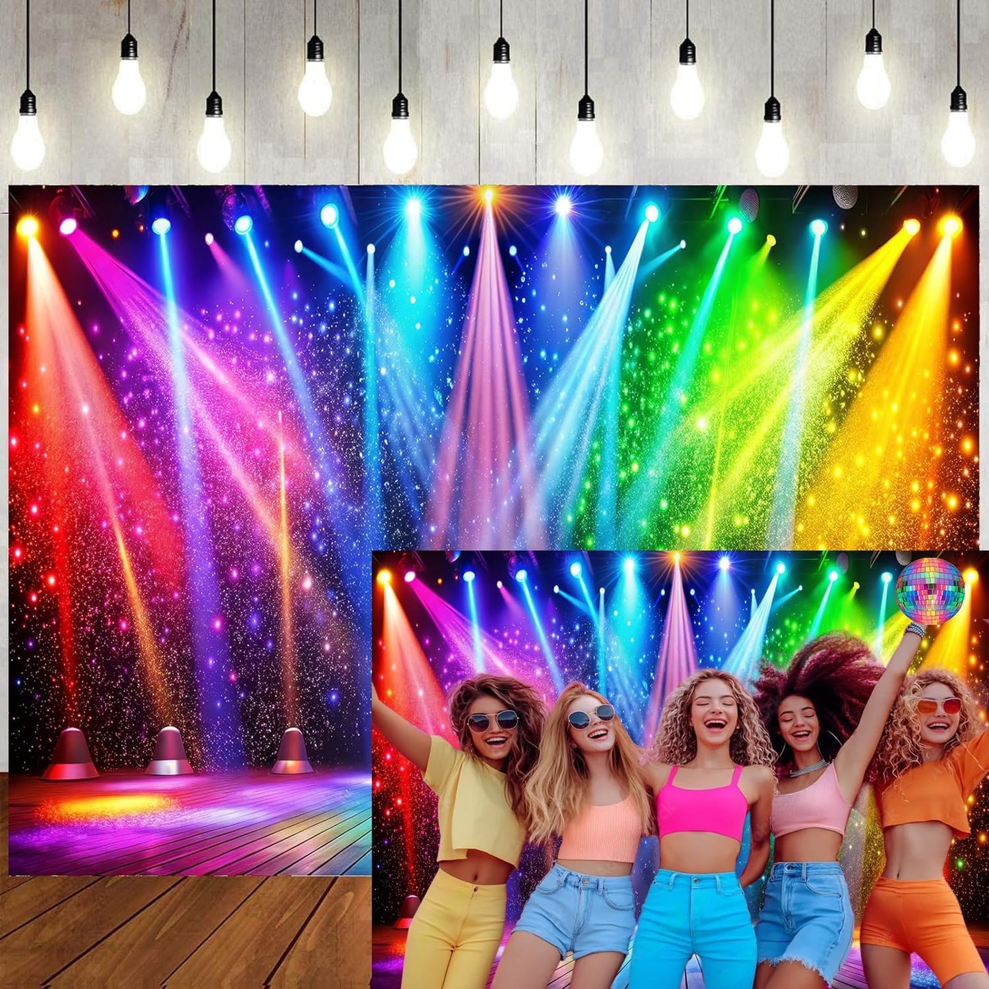 LTLYH 10x8ft Fabric Disco Rainbow Stage 70s 80s 90s Backdrop Vintage Lights Photography Background Rock Music Club Neon Glow Party Decorations Photo Banner 312