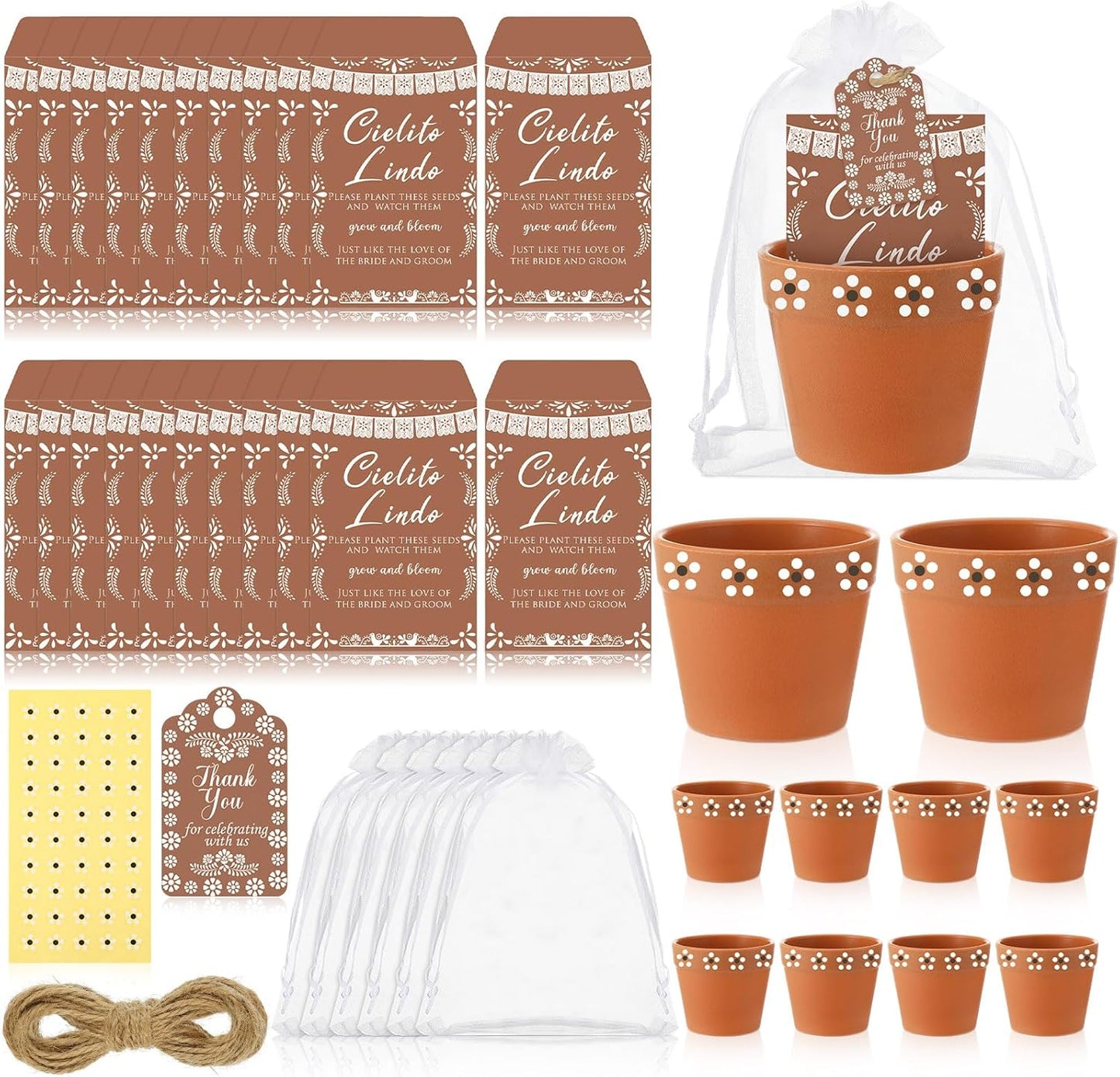 Ctosree 50 Sets Cielito Lindo Wedding Bridal Shower Favors for Guests Include Seed Packets Flowerpot Cards Hemp Ropes Organza Bags Mexican Barro Party Supplies for Wedding Bridal Shower Party Favors