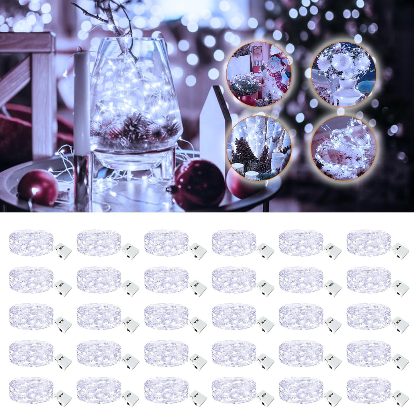 30 Pack Fairy Lights Battery Operated - 7ft 20 Led Twinkle Lights 3 Modes, Bulk Mini String Lights Waterproof for Mason Jars Vases DIY Party Wedding Decoration Christmas -Cool White