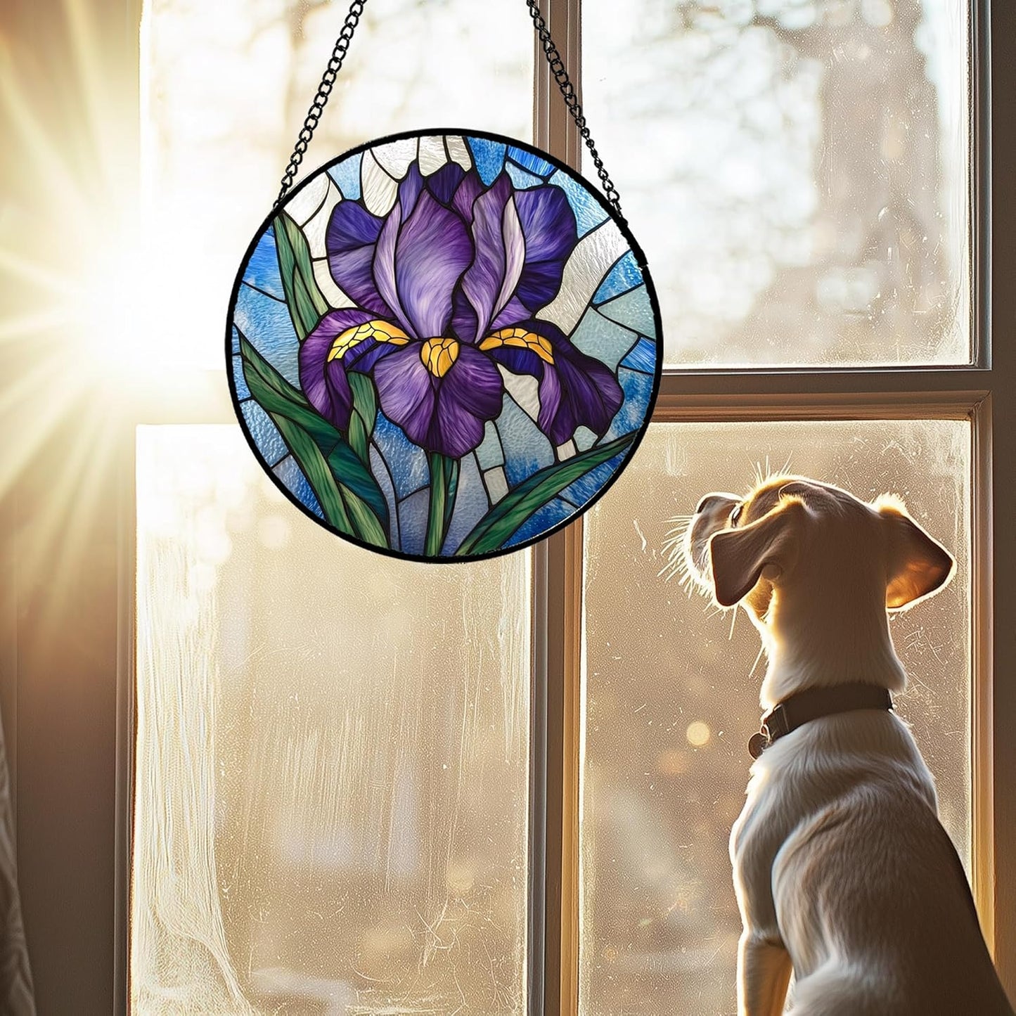 Stained Glass Window Hanging - Iris Birth Flower Suncatcher for Doors Garden Yard Purple Blue Sun Catchers Decor Christmas Mother's Day Birthday Gifts for Teacher Women Mom Nana 7.8 in