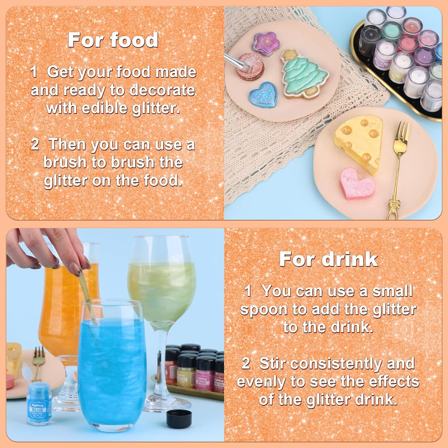 Orange Edible Glitter - 5g Food Grade Cake Decorating Shimmering Glitter, Edible Sprinkle Luster Dust for Drinks, Chocolates, Fondant, Strawberries, Cupcakes, Candy, Cookie - Vegan