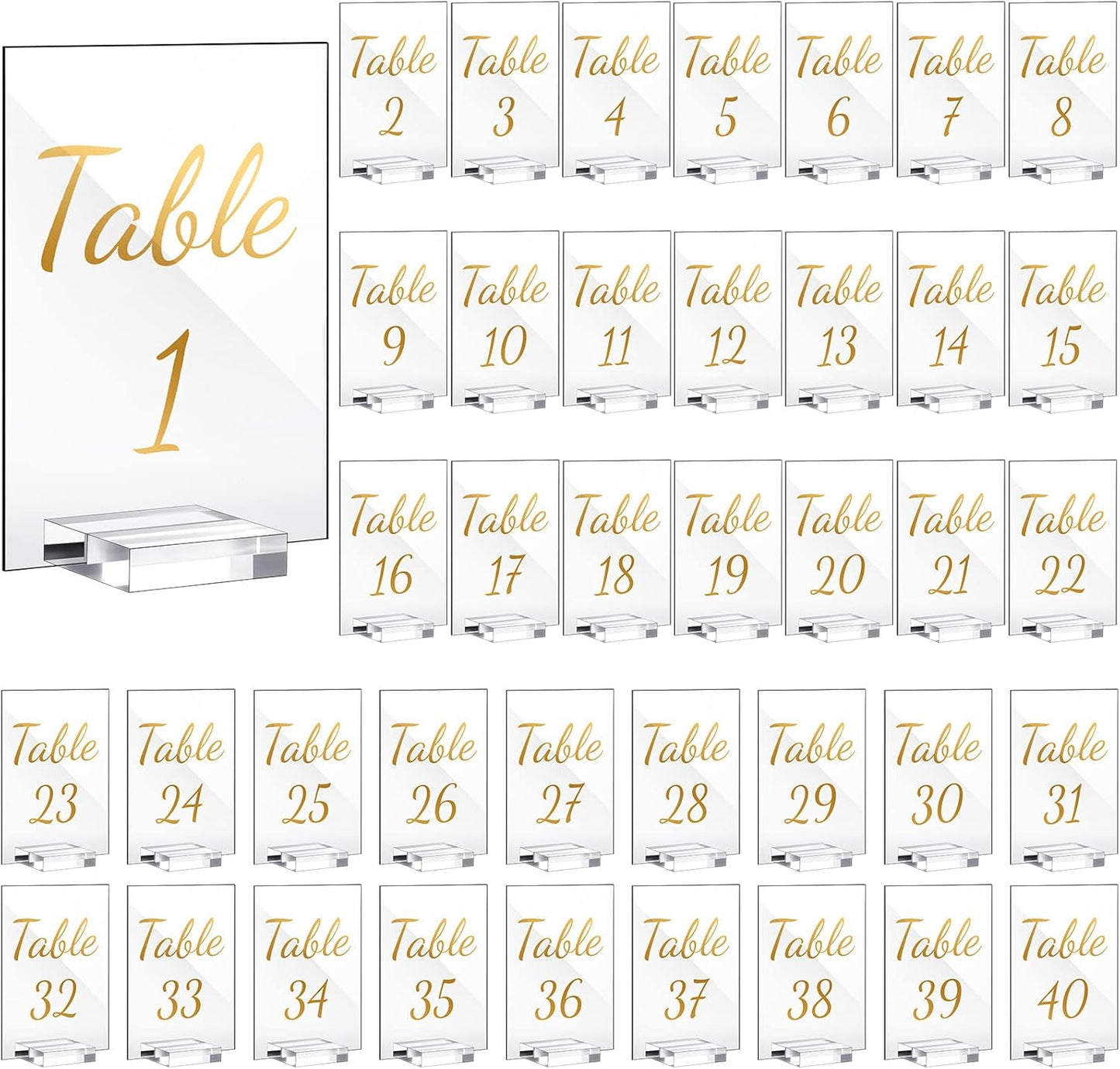 40 Pack Gold Acrylic Wedding Table Numbers 1-40 Clear Stand with Calligraphy Holders - 4 x 6 Inch Acrylic Table Signs for Wedding Reception Centerpieces
