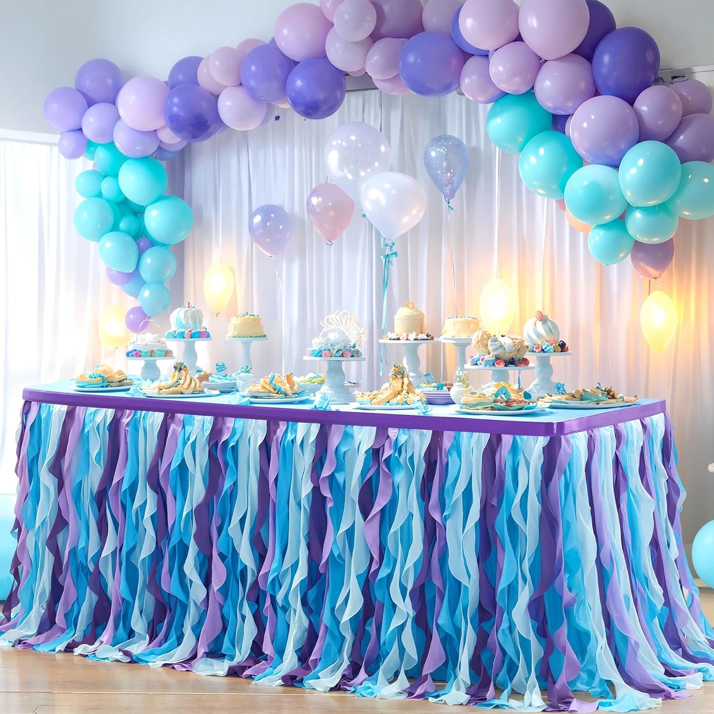 Partisky Mermaid Tulle Tutu Ruffle Curly Willow Table Skirt for Rectangle Table 17ft, Mermaid Themed Party Table Cloth for Girls Birthday Party or Baby Shower