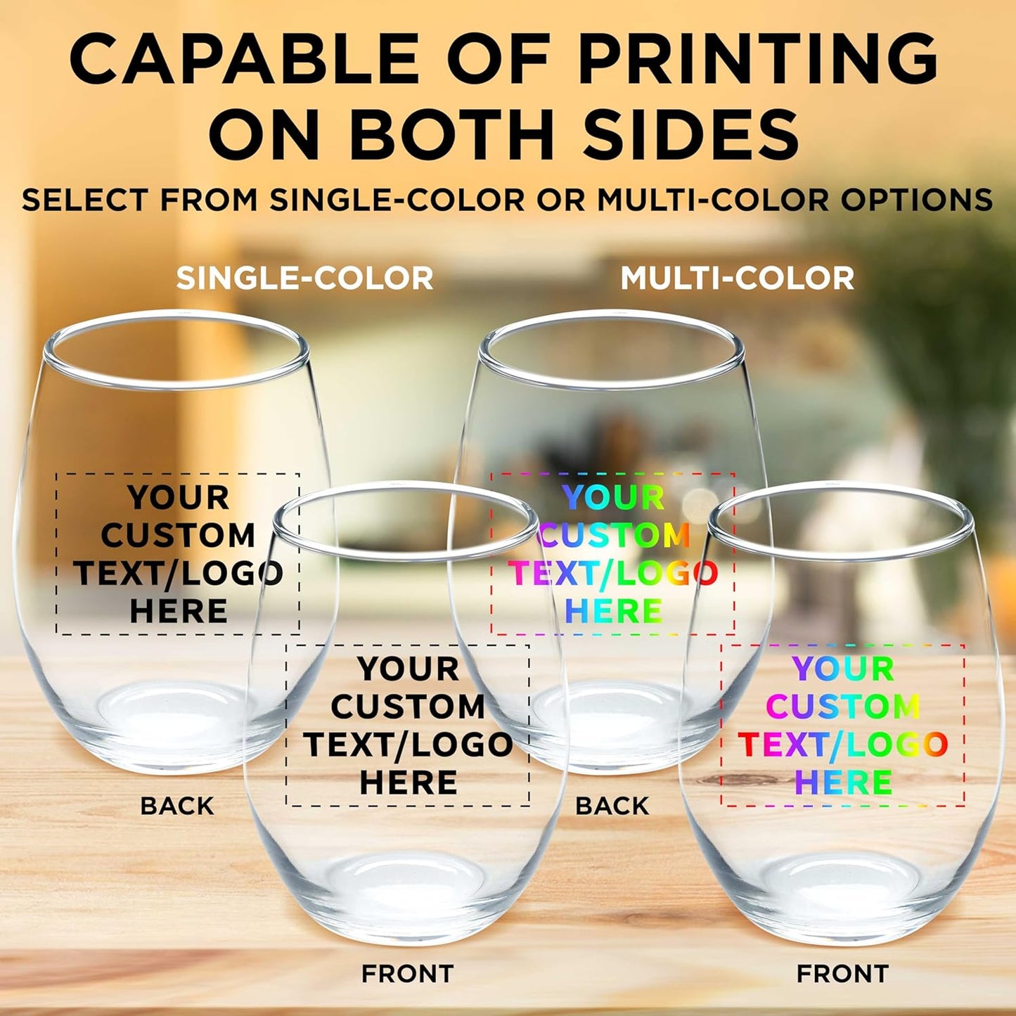 Custom Stemless Wine Glass 9 oz. Set of 10, Personalized Bulk Pack - Great for Wedding Favors, Bachelorette Party Decorations, Party Favors, Color Bottom - Clear