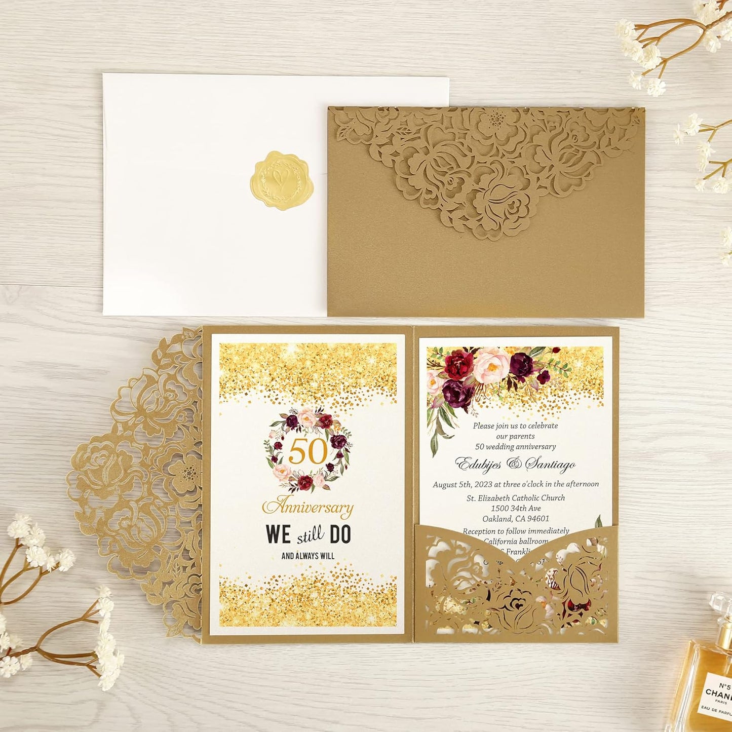 DORIS HOME 50pcs Laser Cut Wedding Invitations with Envelopes Gold, 4.7x7.1 Personalized Invitation Cards for Wedding, 50 Anniversary Invitations with Envelopes