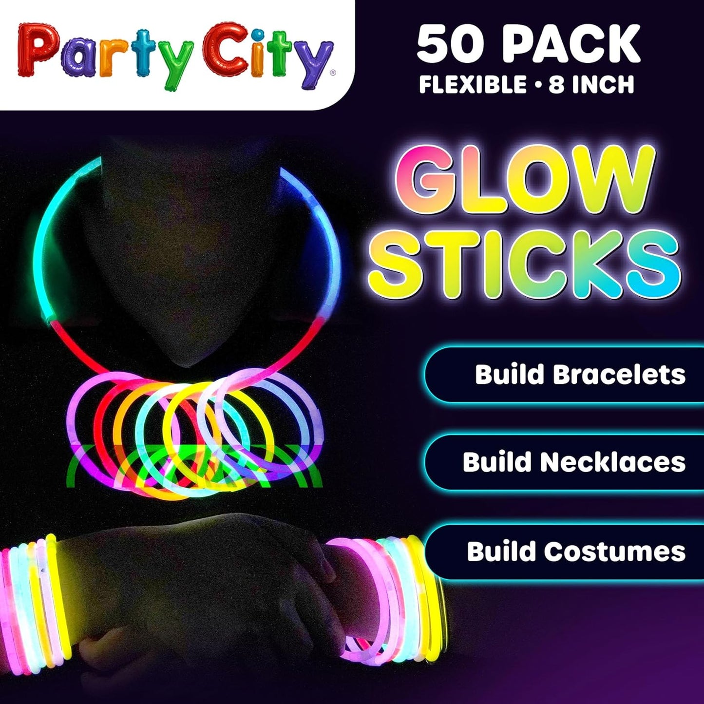 Party City 50 Glow Sticks Bulk Party Pack 8”– Neon Glow in the Dark Party Supplies, Glowsticks with Connectors Bracelets & Necklaces, Light Up Favors for Kids, Adults, Birthdays, Parties, Decorations