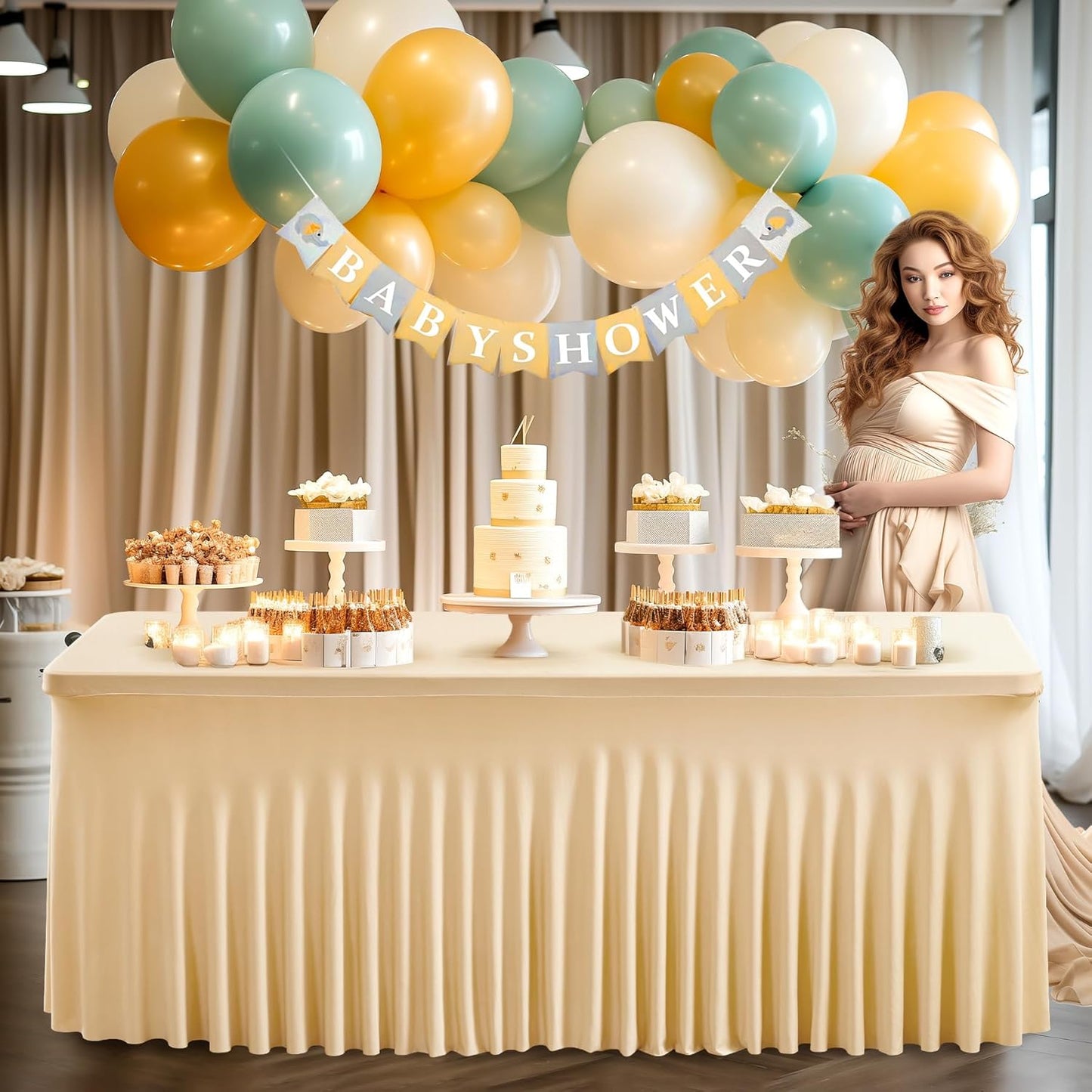 Wish Care 2 Pack Champagne Spandex Table Clothes for 4 Foot Rectangle Tables, 4FT Wrinkle Free Fitted Tablecloths Ruffles Design Table Cover for Party, Banquet, Wedding and Events