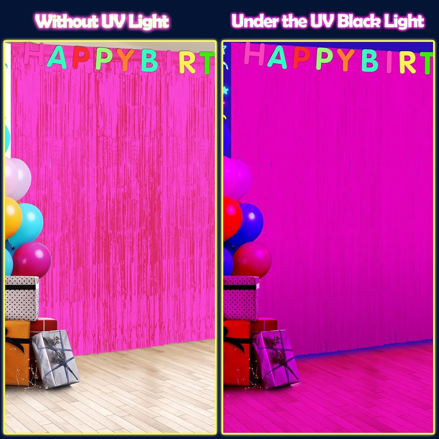 3 Pack 3.3Ft x 6.6Ft Hot Pink Glow in The Dark Foil Fringe Curtain Backdrop Party Supplies, Fluorescent Macaron Metallic Tinsel Foil Streamers Curtain Photo Booth for Neon Birthday Party Decorations