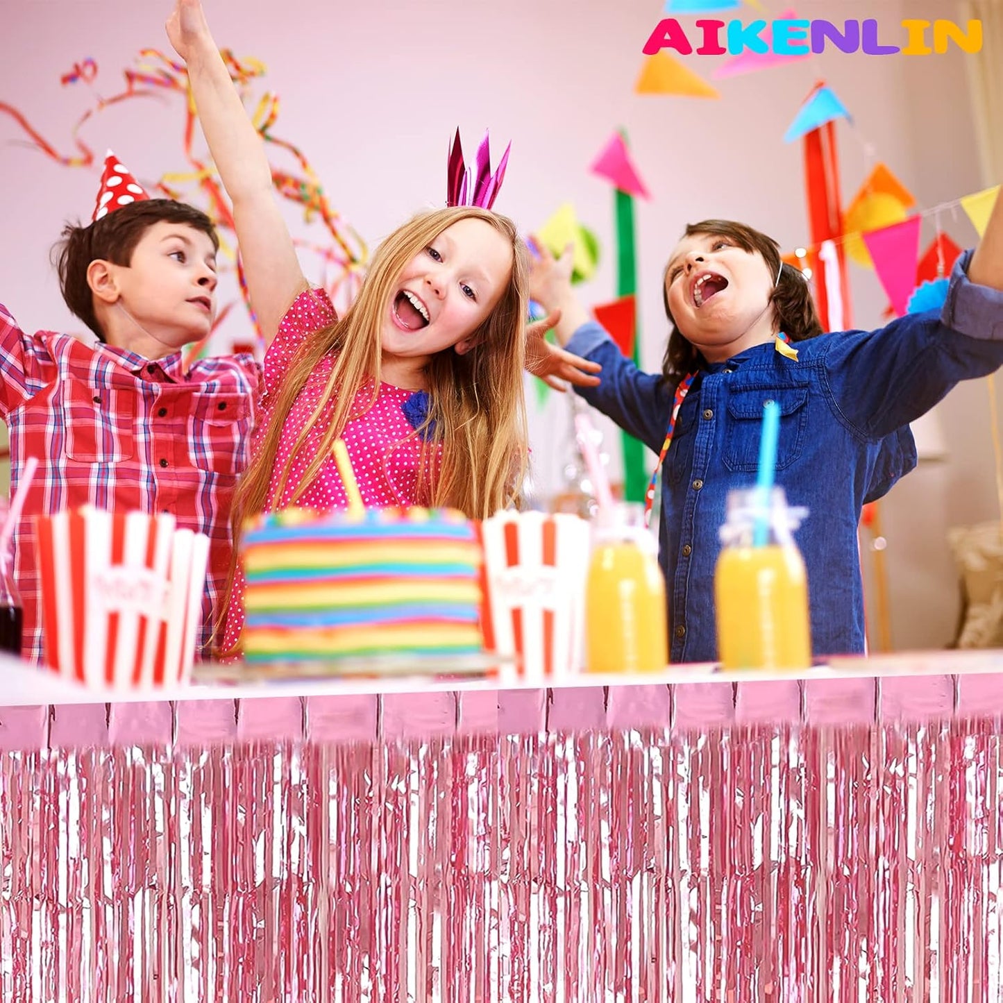 6 Pack 29x108 Inch Metallic Foil Fringe Tinsel Table Skirts Banner for Rectangle Tables Streamer Garland Curtains Backdrop for Wedding, Birthday, Parade Floats, Valentine's Day Party Decoration(Pink)