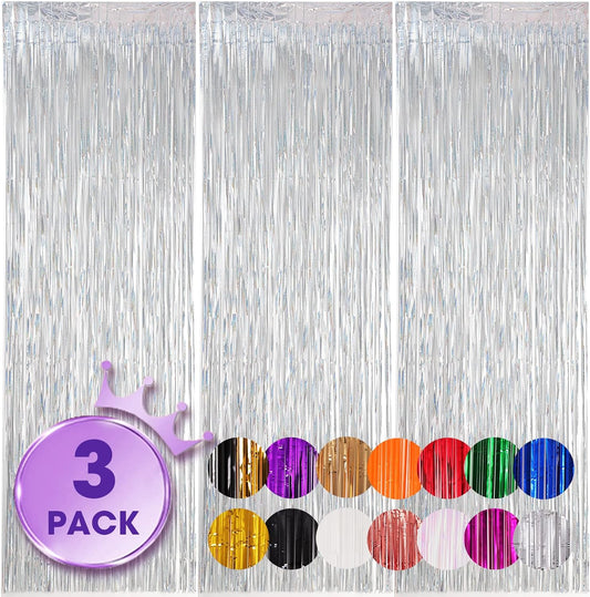 3 Pack 3.3x8.2 Feet Laser Silver Foil Fringe Backdrop Curtains, Tinsel Streamers Birthday Party Decorations, Fringe Backdrop for Graduation, Baby Shower, Gender Reveal, Disco Party