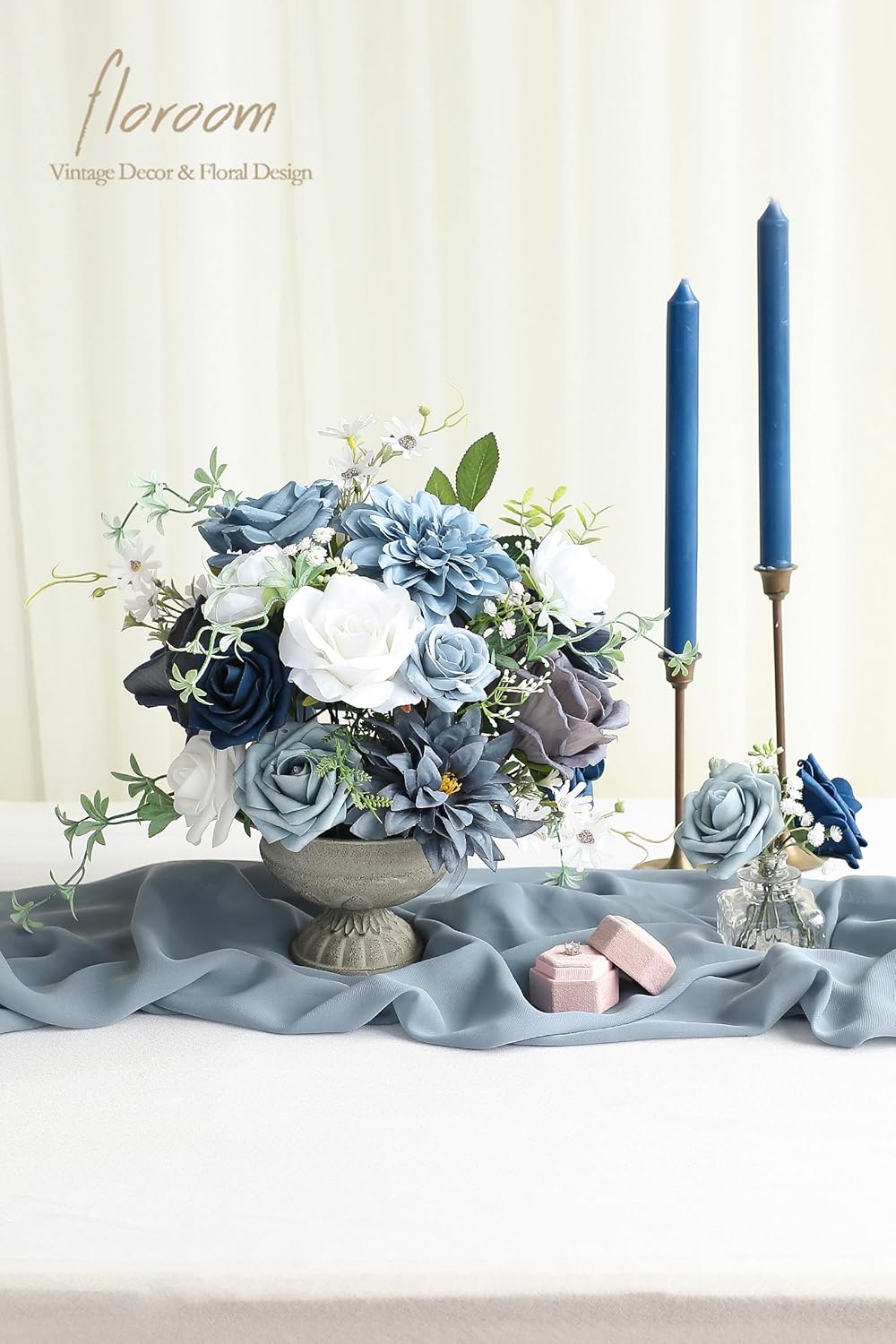 Floroom Dusty Blue Navy Artificial Flowers Fake Roses Peonies Dahlias and Greenery Combo Box Set for DIY Wedding Bouquets Bridal Shower Centerpieces Floral Arrangements Party Tables Home Decorations