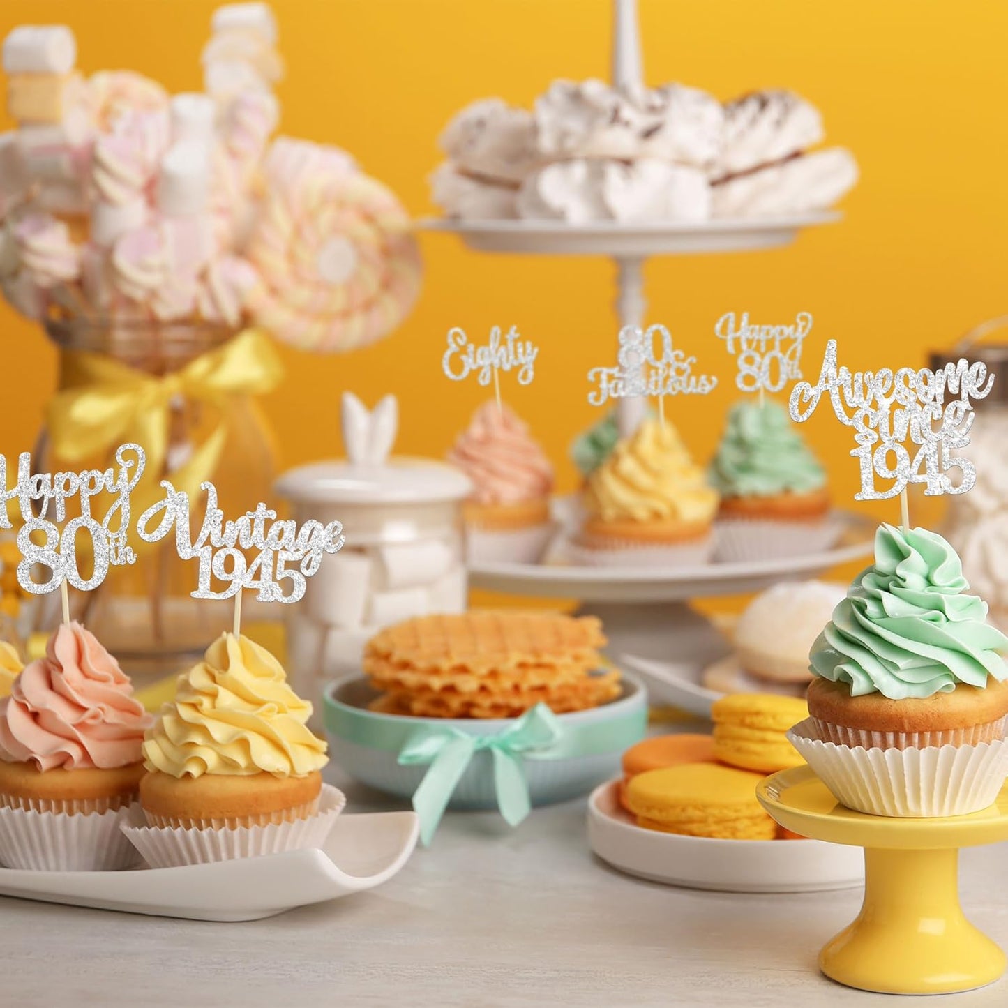 30Pcs Happy 80th Birthday Cupcake Toppers Glitter Awesome Since 1945 Eighty 80 Fabulous Vintage 1945 Cupcake Picks for 80th Birthday Anniversary Retirement Party Cake Decorations Supplies Silver