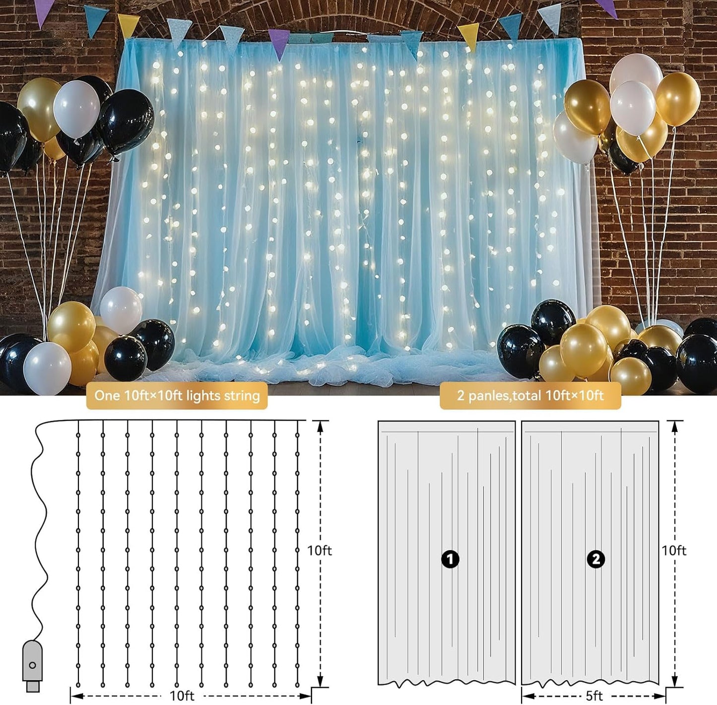 10×8ft Tulle Backdrop Curtains with Lights String - 300LED Fairy Lights Sheer Curtain Backdrop for Weddings Baby Shower and Birthday Party Decorations( 2 Panels 5×8ft)
