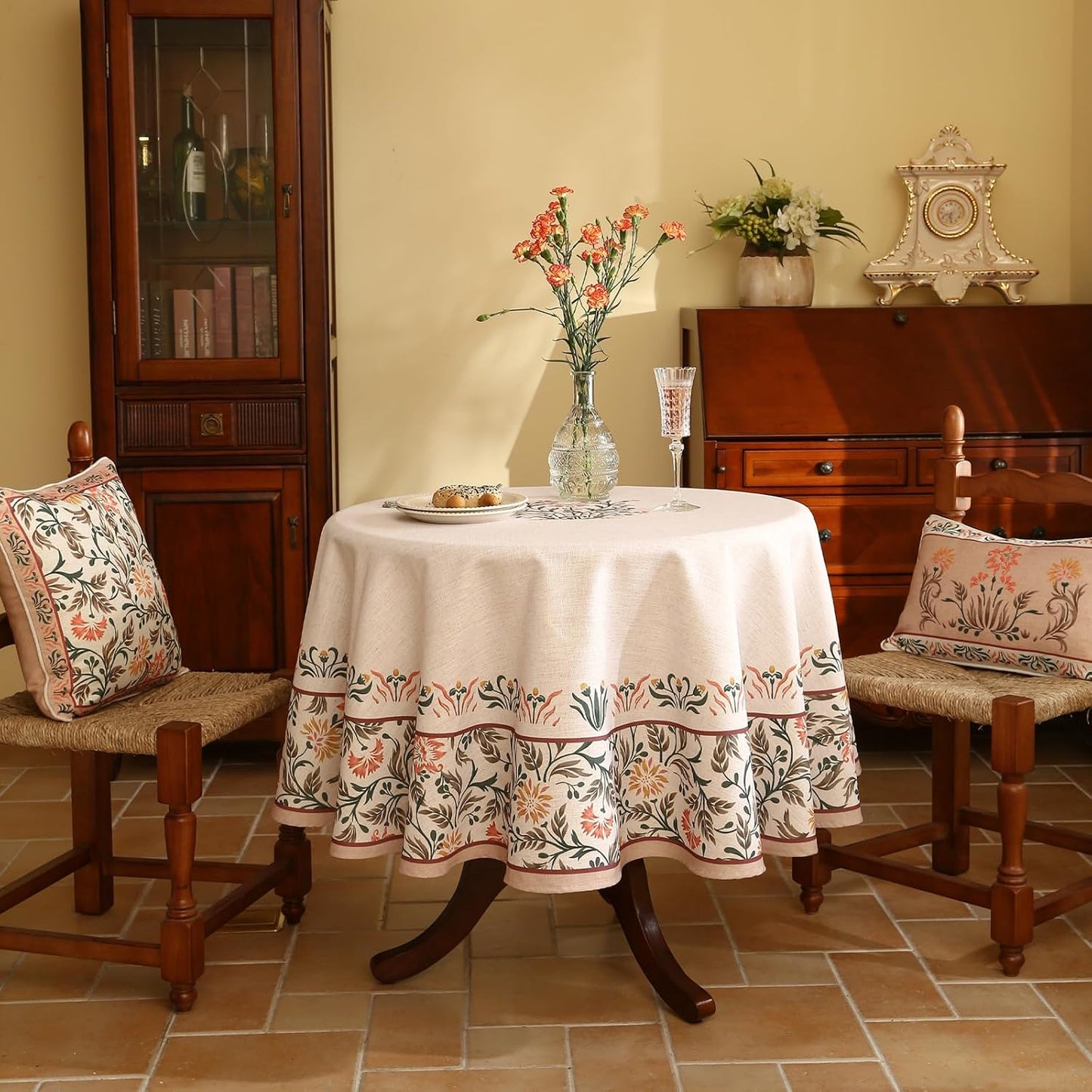 ISAENNE Floral Tablecloth for Round Tables,Linen Table Cloth with Double-Edged Lily Pattern,Heavy Durable Table Cover for Dining Thanksgiving Kitchen Decor Party Christmas,Diameter 55"