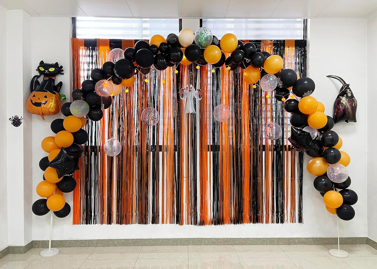 Melsan 2 Pack 3.2 ft x 8.2 ft Tinsel Foil Fringe Curtains Backdrop, Metallic Foil Curtains for Halloween Party Photo Booth Props Decorations (Black+Orange)