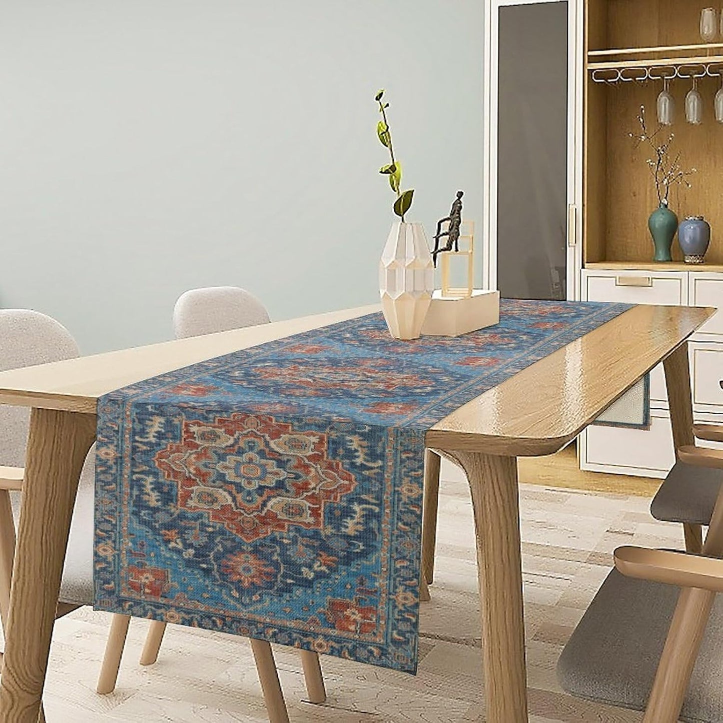 Boho Floral Vintage Table Runner, Retro Abstract Blue Flower Rustic Country Farmhouse Pattern for Home Kitchen Table Decor Dining Coffee Room Party Decor 13x108in