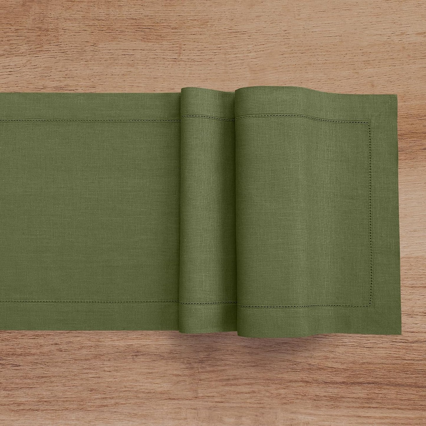 Solino Home Linen Olive Table Runner 72 Inches Long - 100% Pure Linen Hemstitch Table Runner 14 x 72 Inch for Dresser, Dining, Fall, Autumn, Thanksgiving - Classic Hemstitch