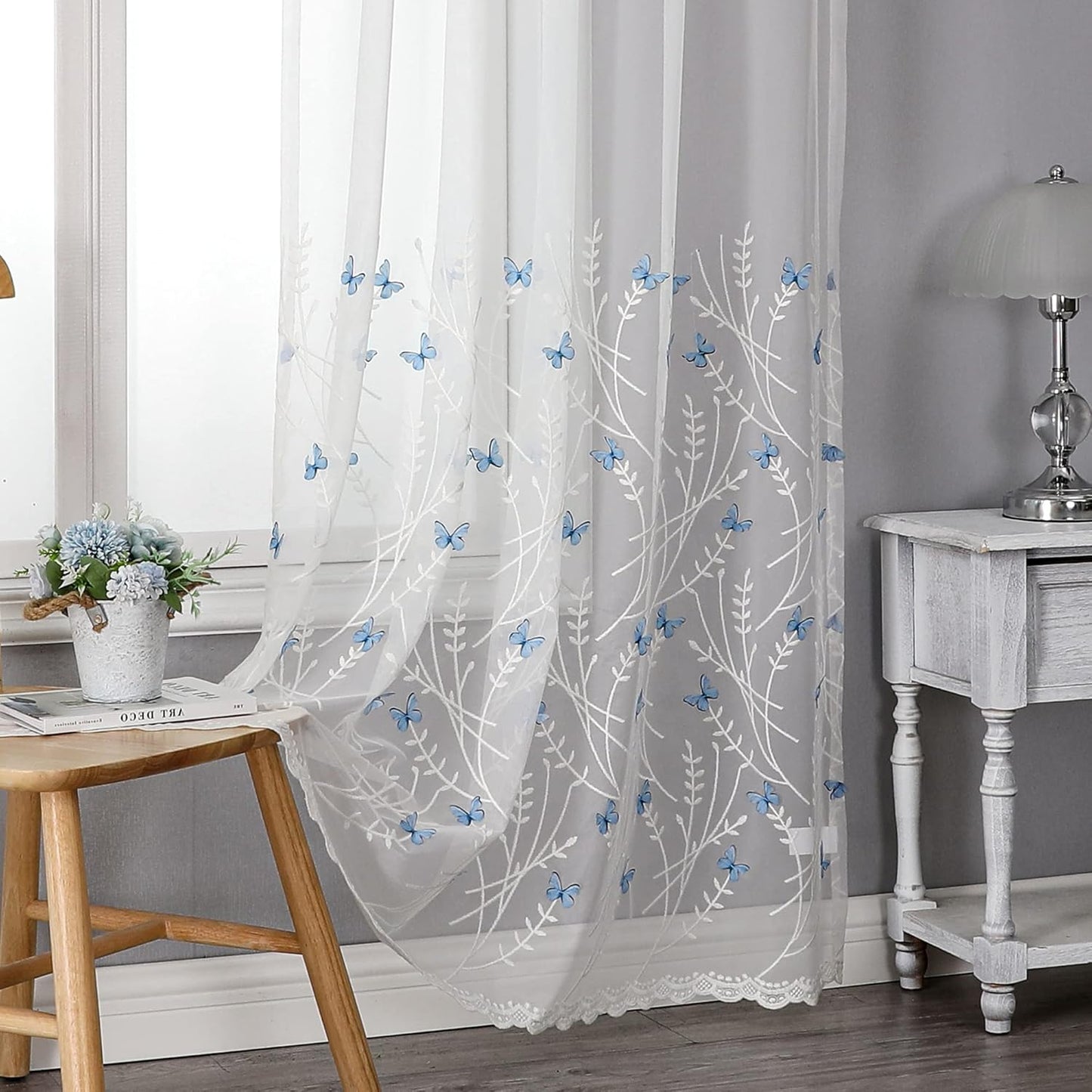 VISIONTEX White Sheer Voile Curtains, Decorative White Embossed Butterflies Rod Pocket Window Drapes for Home Kitchen, Living Room and Bedroom 54 x 84 Inch, Set of 2 Curtain Panels