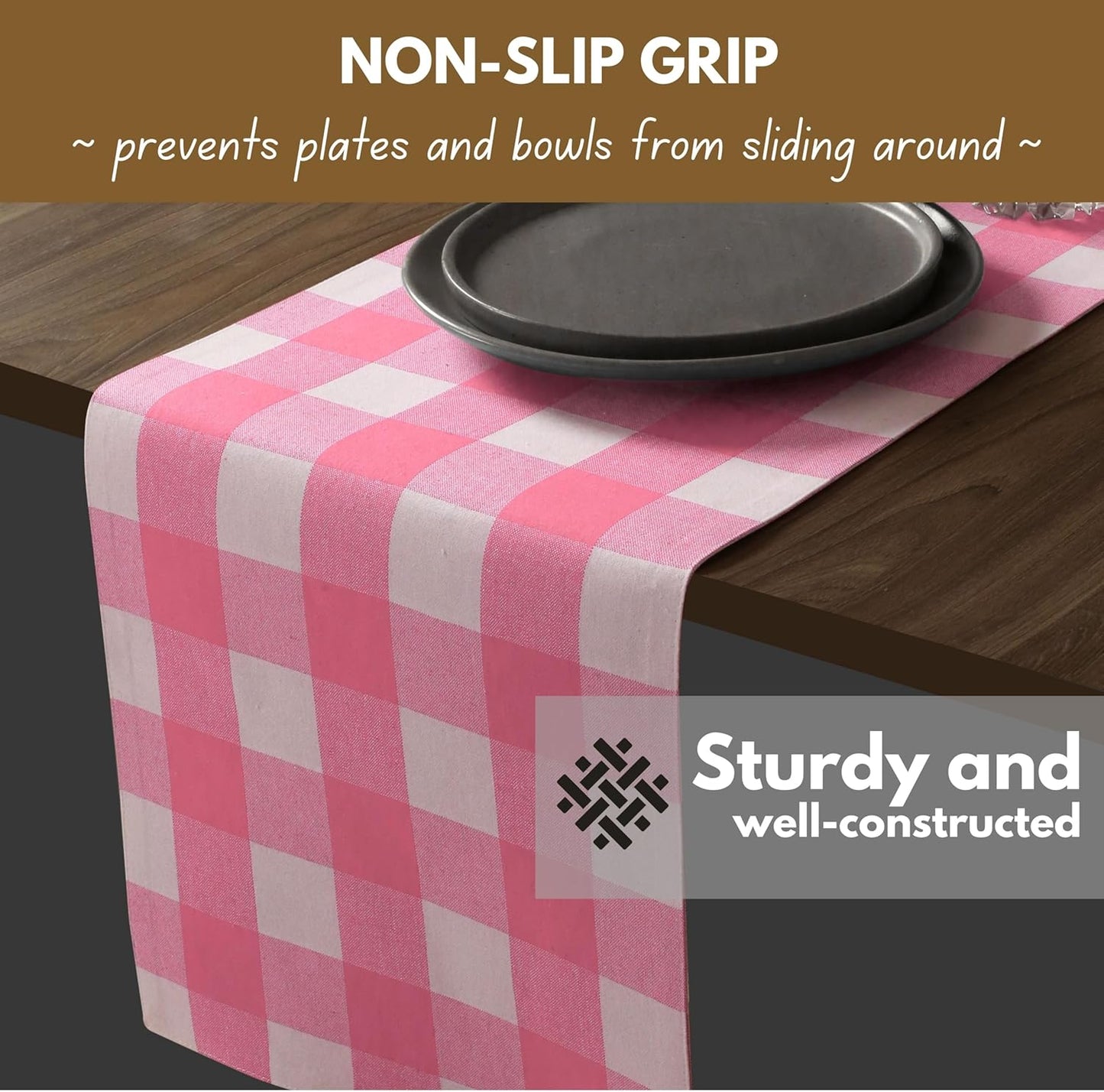 Native Fab Table Runner Buffalo Check Plaid 100% Cotton - 13x72 Inches Kitchen Dining Table Decoration for Indoor Outdoor Farmhouse Home Party Decor - Pink and White