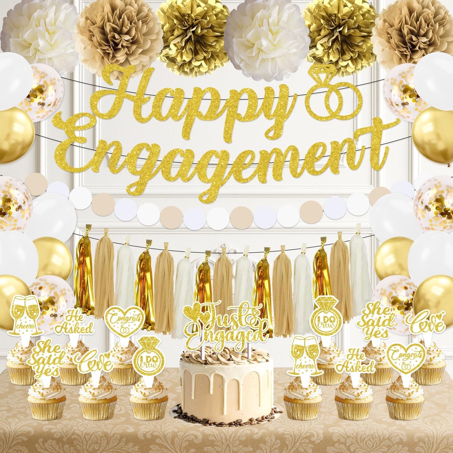 Engagement Party Decorations, Just Engaged Decorations, Happy Engagement Banner Set with Paper Pom Poms, Tissue Tassels, Balloons, Garland & Cake Topper for Wedding Bachelorette Party (Gold)