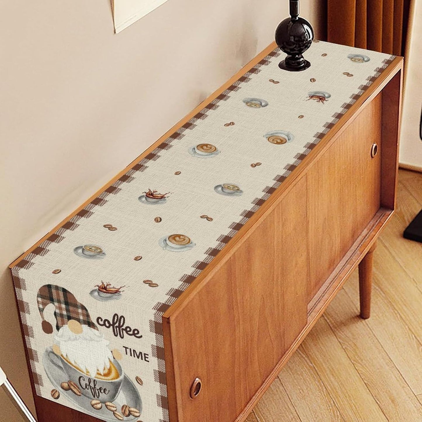 Coffee Time Table Runner, Farmhouse Retro Gnome Coffee Cup Tea Party Cafe Table Center Decor for Home Kitchen Dining Patio Holiday Party Indoor Outdoor Table Decorations,13"x90" Inch