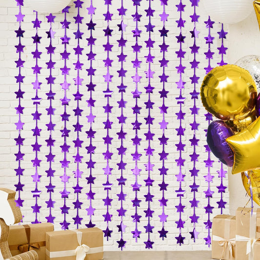 LOLStar 2Pack Purple Glitter Stars Birthday Decorations 3.3X6.6ft Each Lilac Purple Star Backdrop Foil Fringe Curtains for Girl, Graduation Engagement Wedding Baby Shower Disco Anniversary Party Decor