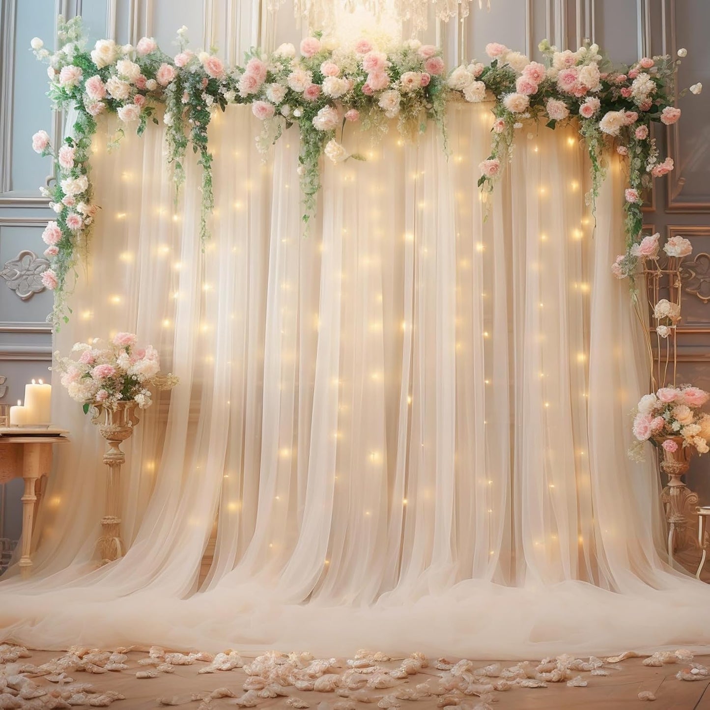20ft X 10ft Champagne Tulle Backdrop Curtain for Parites, Sheer Backdrop Curtains Fabric Drapes for Wedding Ceremony Arch Party Stage Decorations