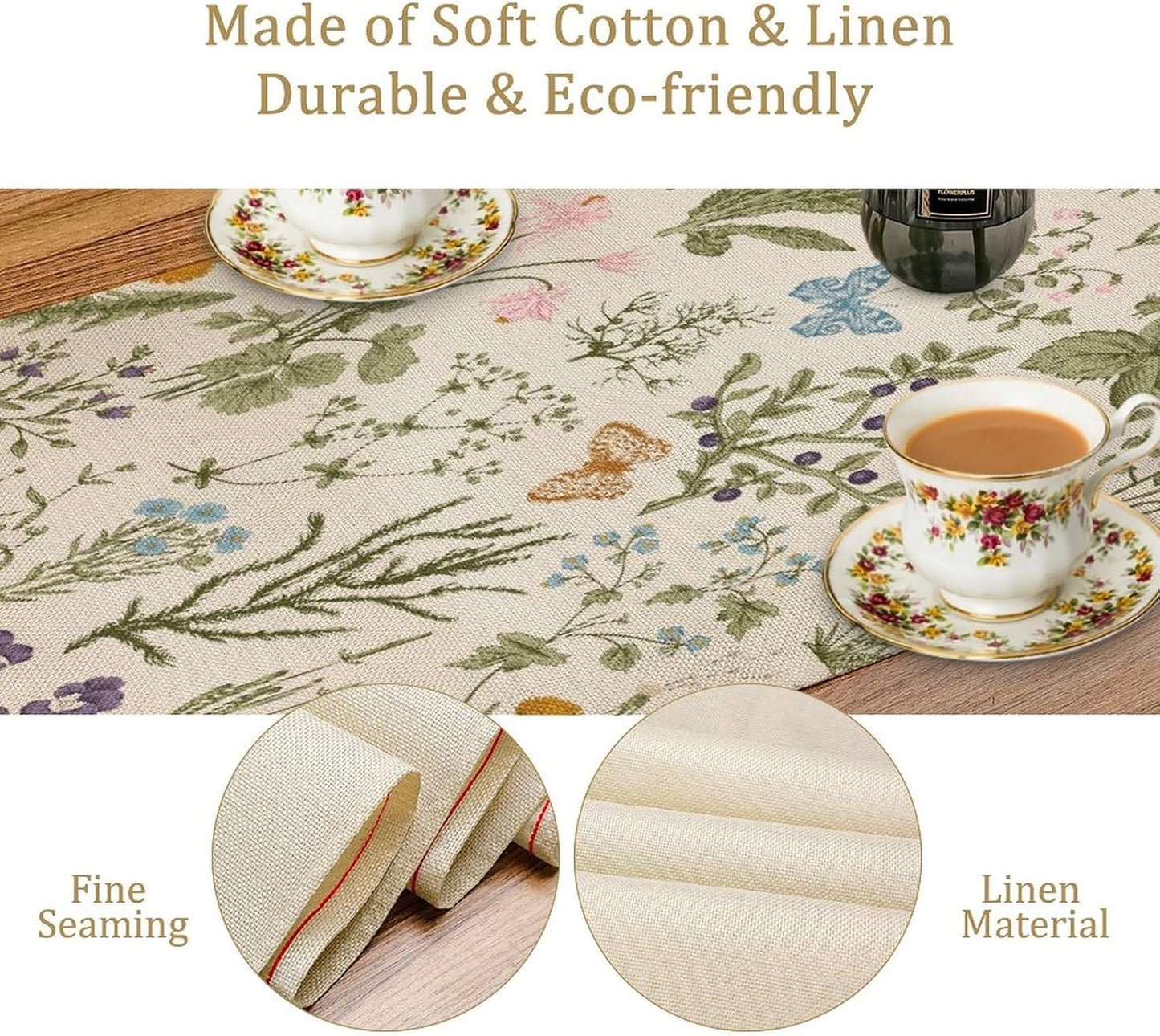Floral Botanical Table Runner, Garden Spring Flower Botanical Butterfly Animal for Restaurant, Kitchen, Wedding, Party Rectangular Table Runner Decoration,13in（33cm） W * 72in（184cm） L