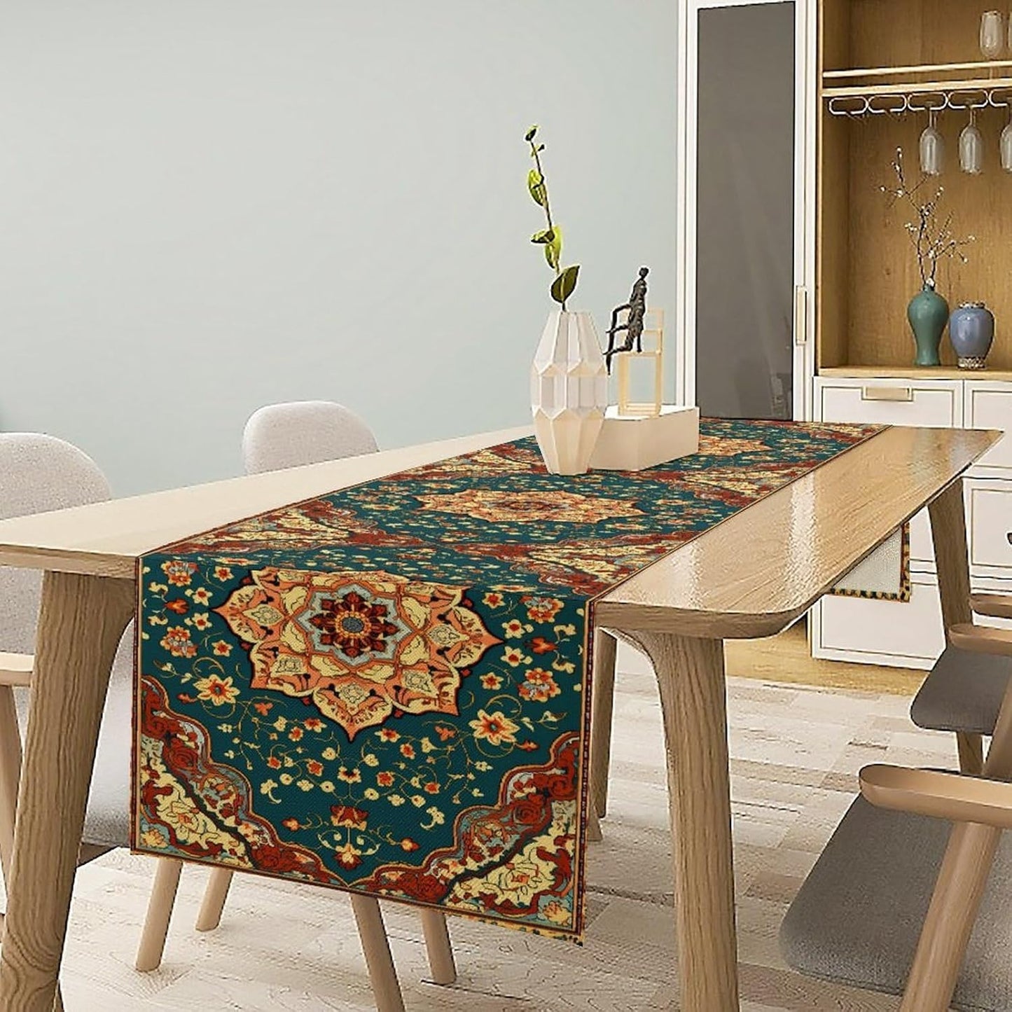 Boho Rich Table Runner, Vintage Blue Teal Gold Retro Flower Rustic Country Style Floral Print Pattern for Home Kitchen Table Decor Dining Coffee Room Garden Party Decor 13x60in