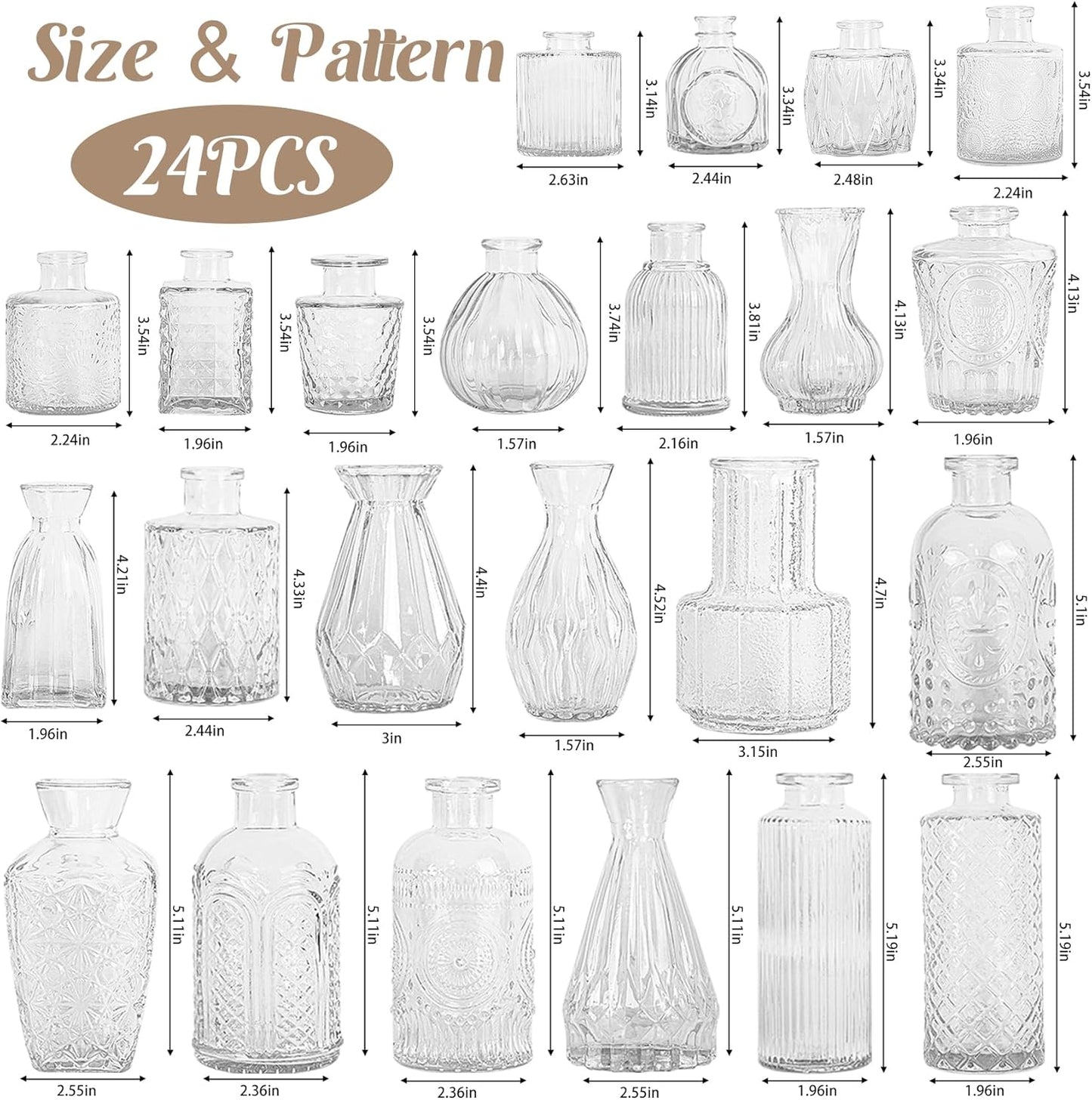 24Pcs Glass Bud Vase Set,Small Flower Vase for Tables Centerpieces Decor, Mini Vintage Clear Vase for Home,Wedding,Party Decorations（24 Pcs，Clear）