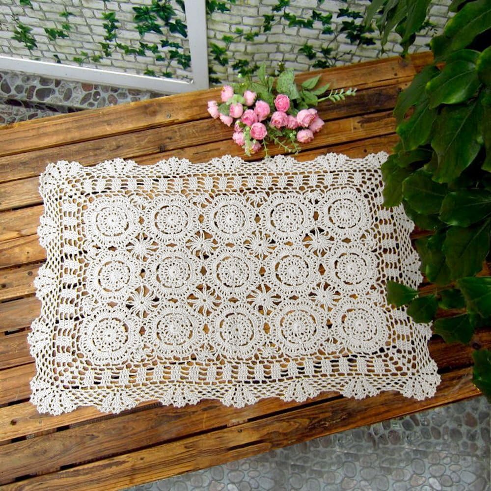 Cotton Handmade Crochet lace Table Runners Rectangular Tablecloth Doilies Doily Table Dresser Scarf Décor,19x31Inch,White