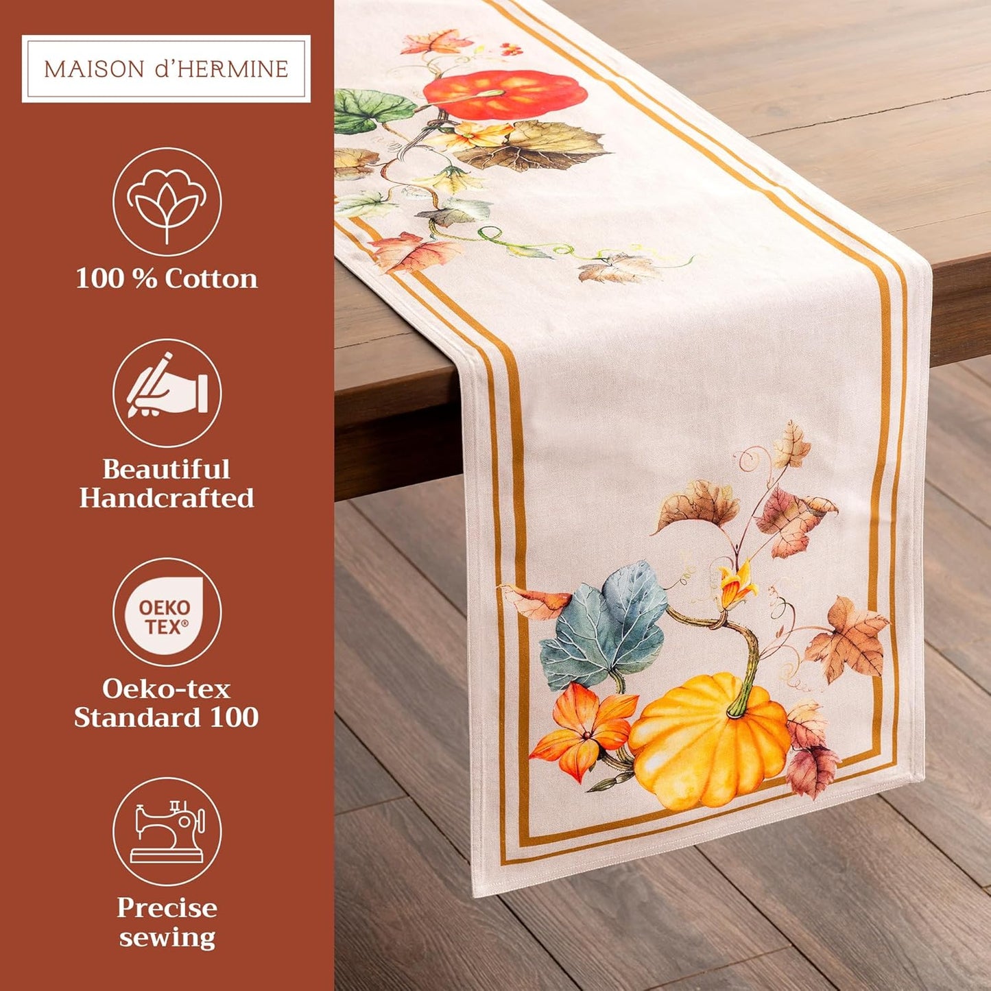 Maison d' Hermine Table Runner 100% Cotton Double Layer Table Runners 72 inches Long for Thanksgiving Christmas Decorations Home Kitchen Dining Party Wedding (Potiron, 14.5" x 72")