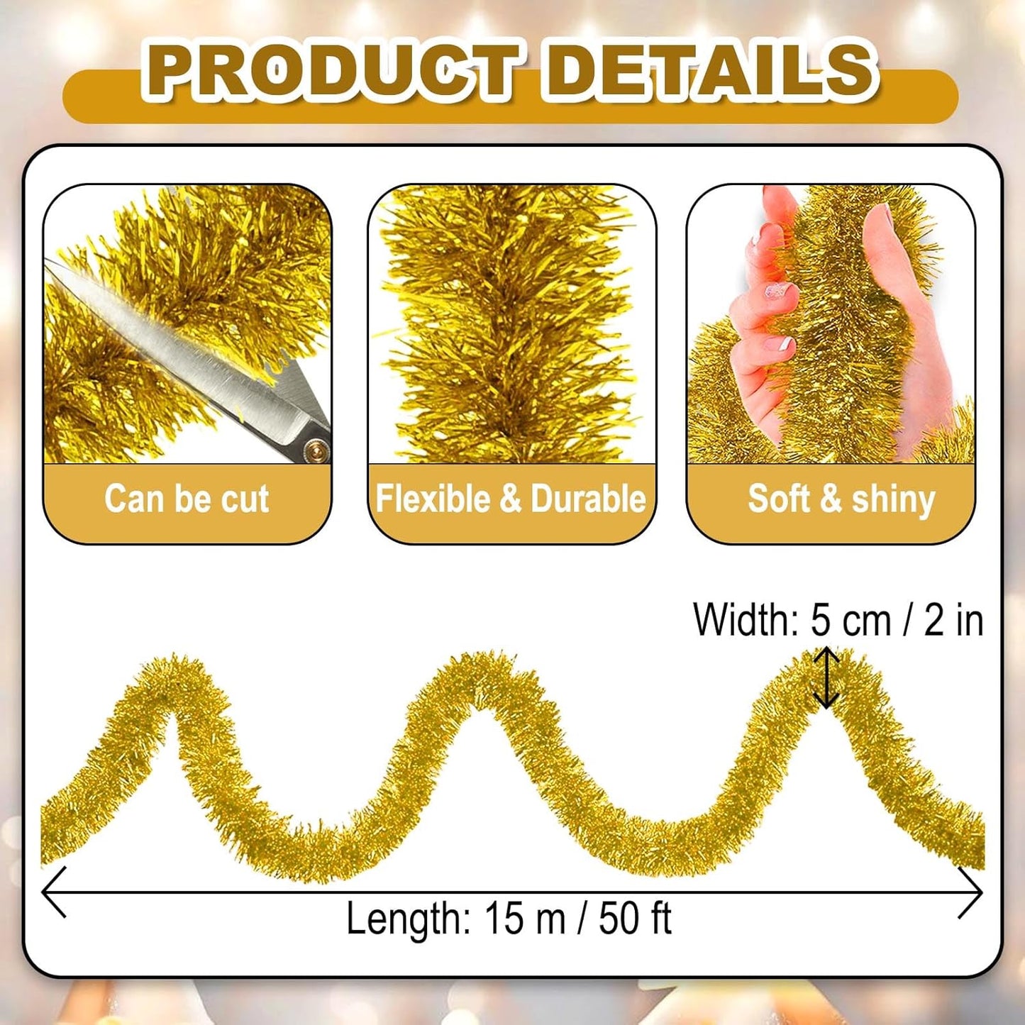 50 Feet Christmas Foil Fringe Banner Metallic Tassle Garland Metallic Backdrop Parade Floats Shiny Hanging Ceiling, Valentine's, Wedding, New Year Party Decorations(2" x 50', Gold)