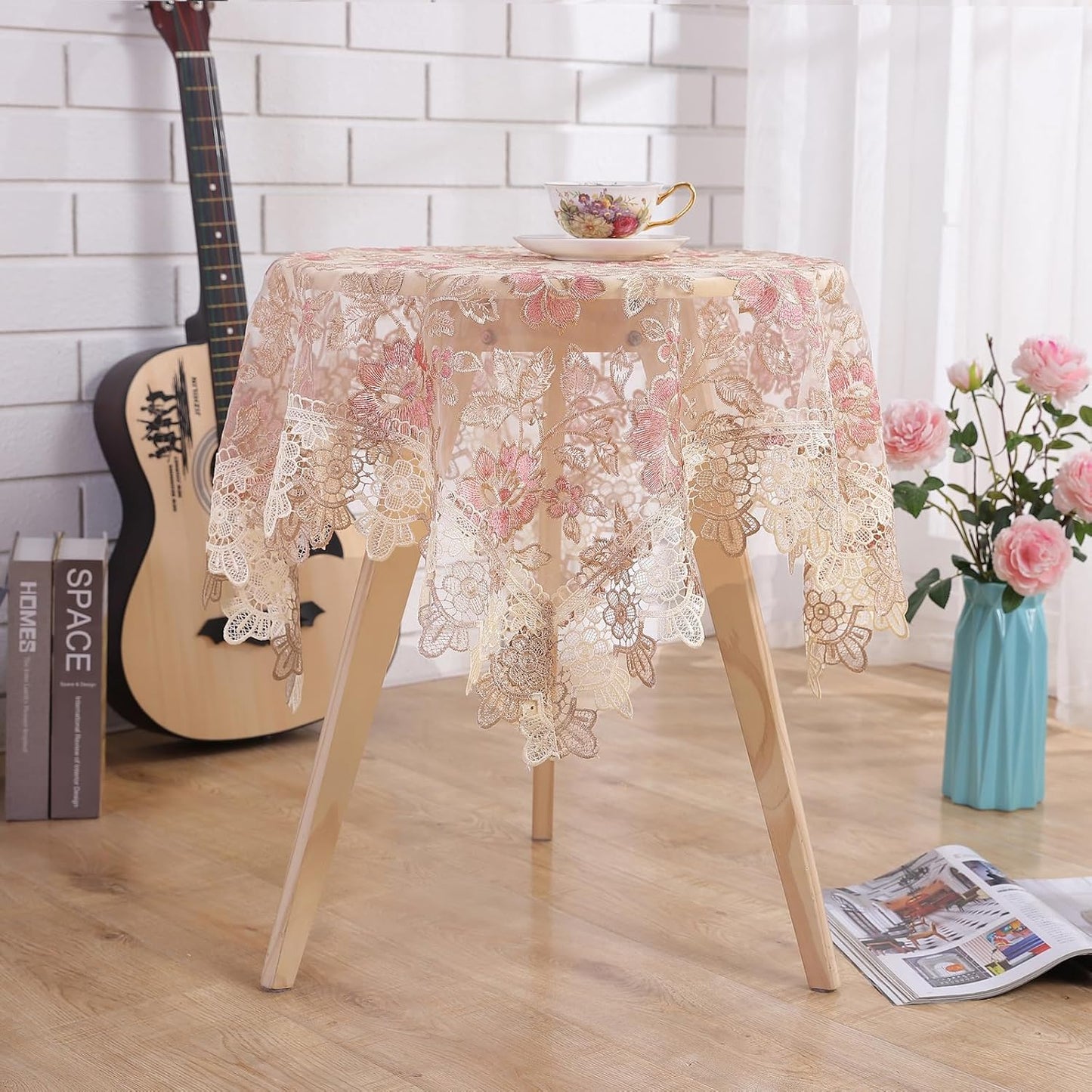 Round Embroidered Lace Tablecloth Vintage Decorative Exquisite Border Table Cover for Party Wedding Home Decorations, Round-60, Pink