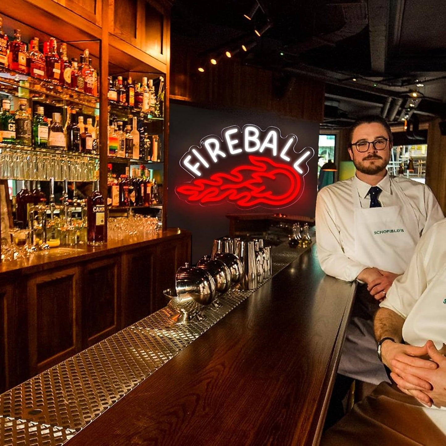 Neon Sign, LED Neon Light Sign 17x10， USB Powered Decorative Bar Open Sign for Home Bar Store Party Decor，FIREBALL Whiskey Neon Lights for Man Cave