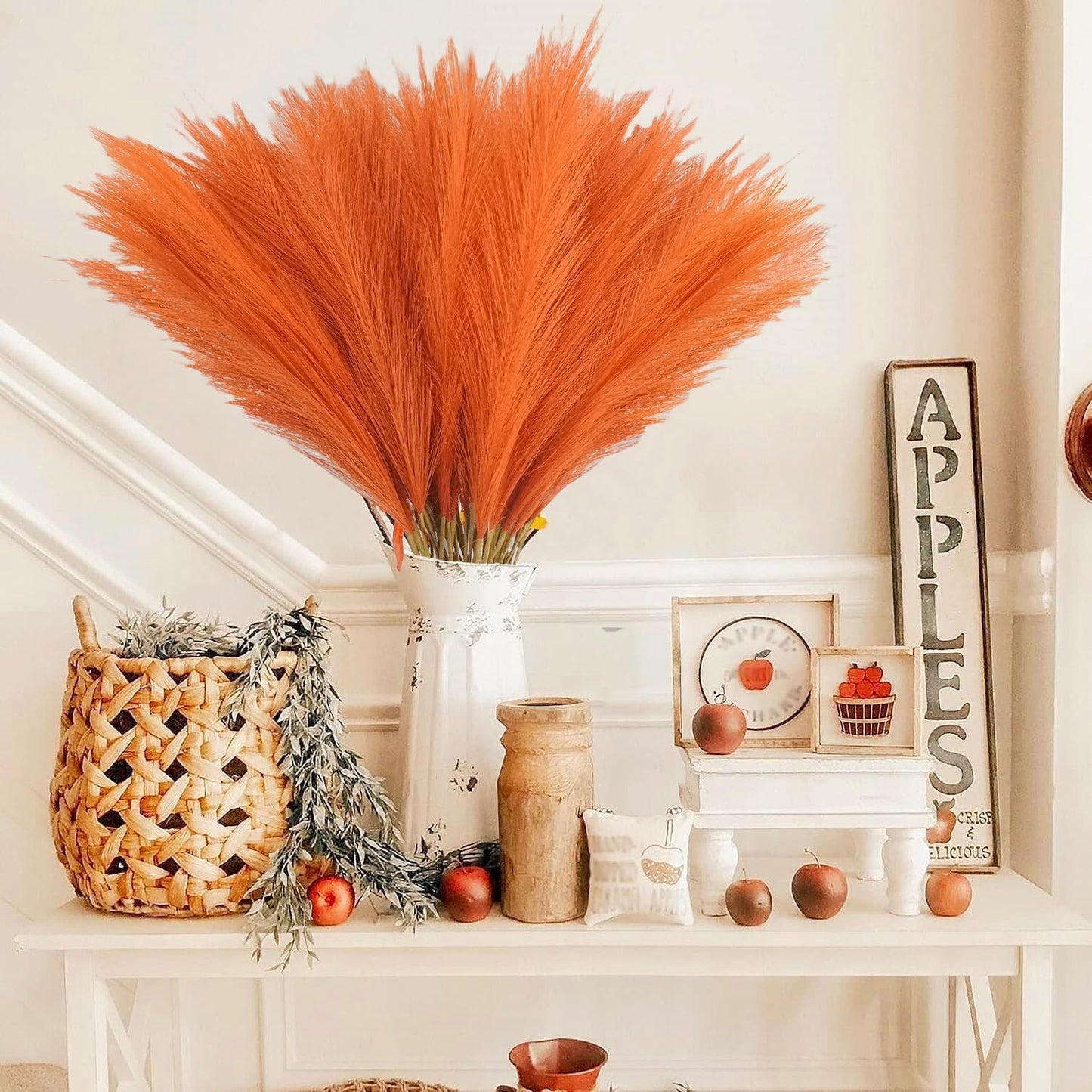 50pcs Burnt Orange Faux Pampas Grass Decor, 21.6" Short Artificial Fall Pompous Grass Floral Fake Orange Pompas Grass Branches Vase Filler Flower Arrangement for Home Wedding Fall Decor